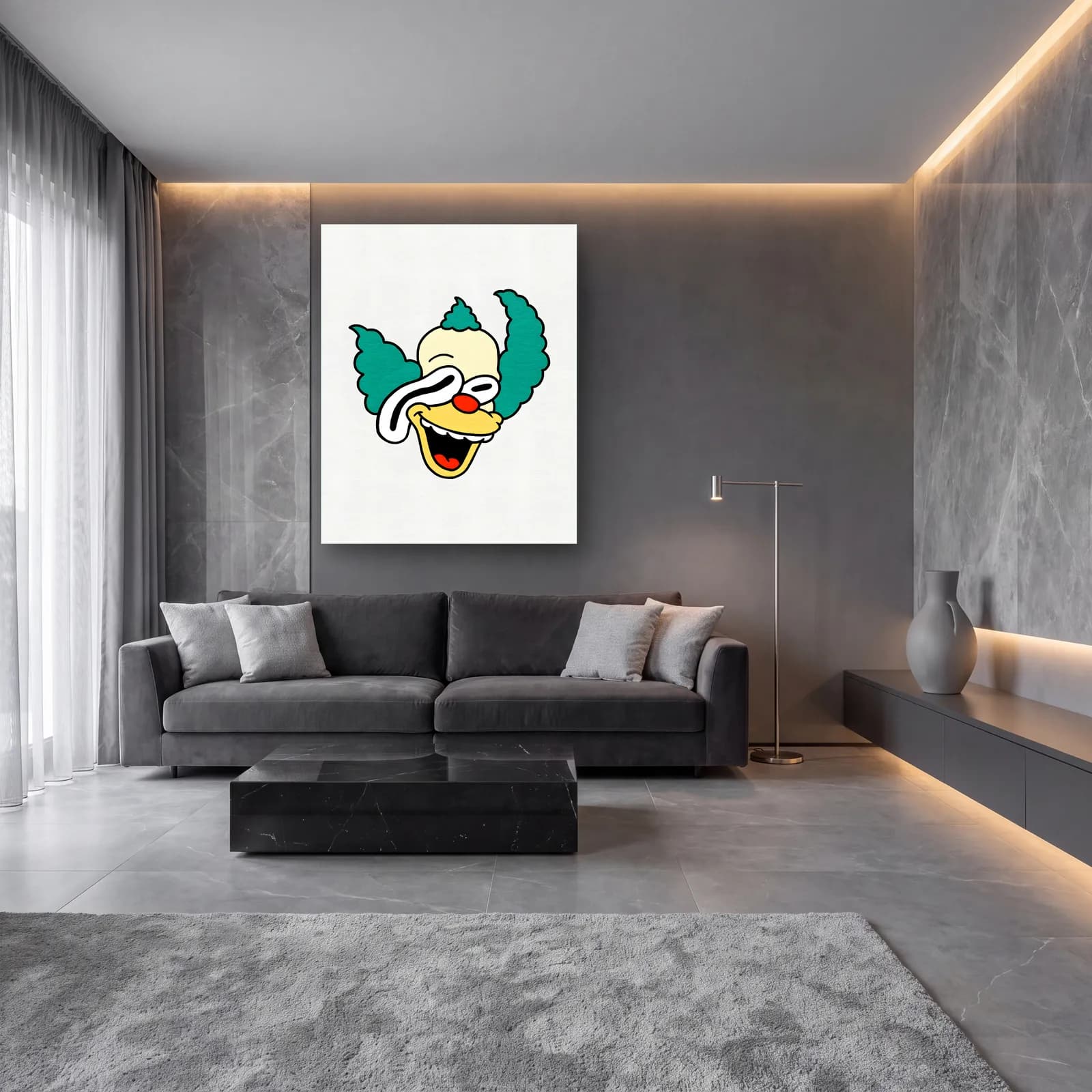 Soyut Palyaço Krusty cam tablo — lüks salon duvarında
