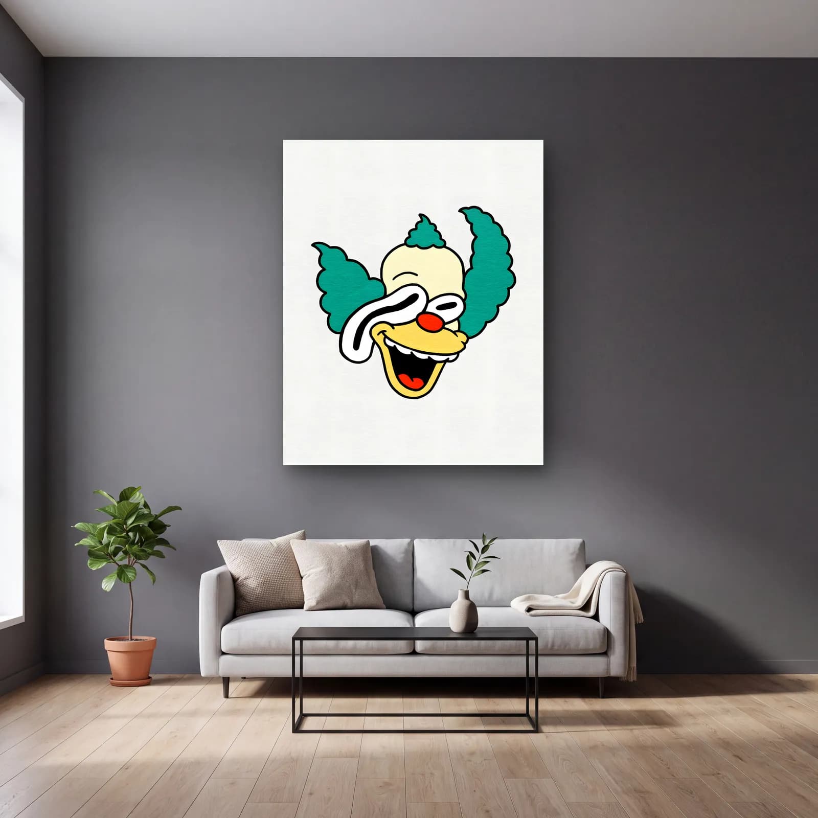 Soyut Palyaço Krusty cam tablo — gri duvarlı salonda