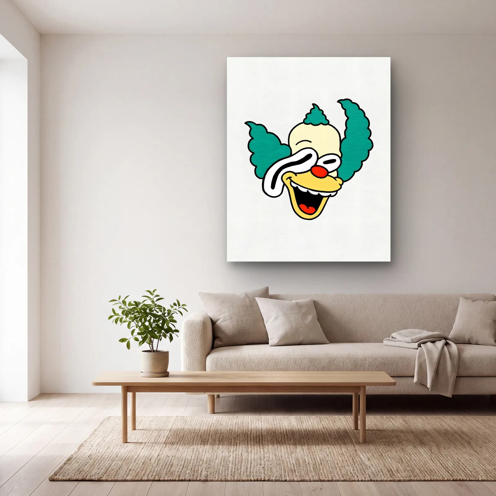 Soyut Palyaço Krusty cam tablo — açık renk salonda