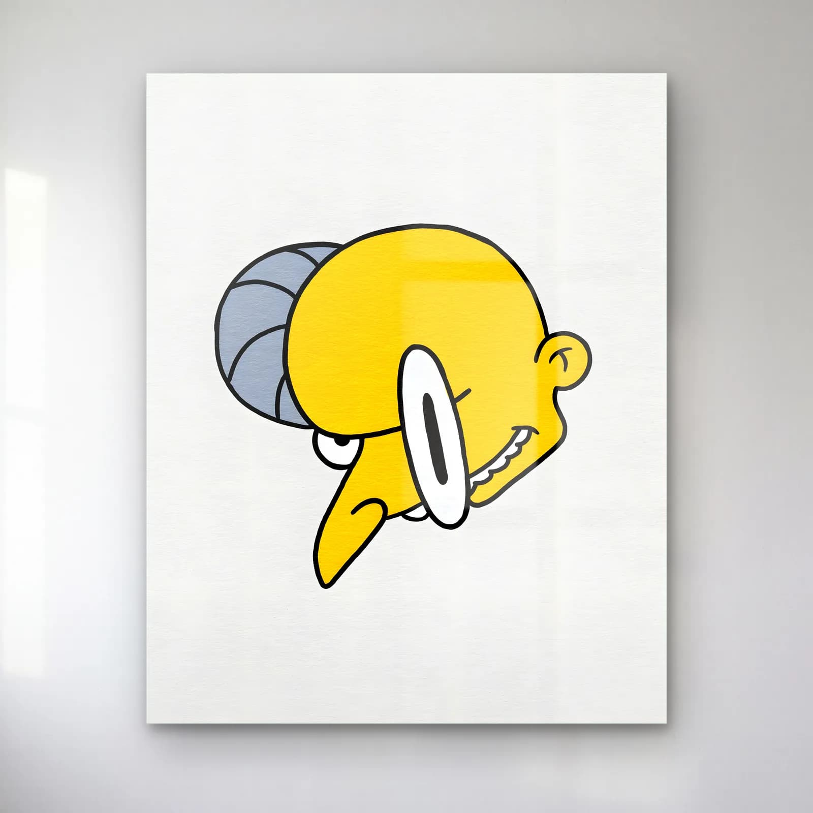 Soyut Mr. Burns cam tablo — Beyaz zeminde sivri burunlu sarı Mr. Burns yüzünün soyut minimal çizimi