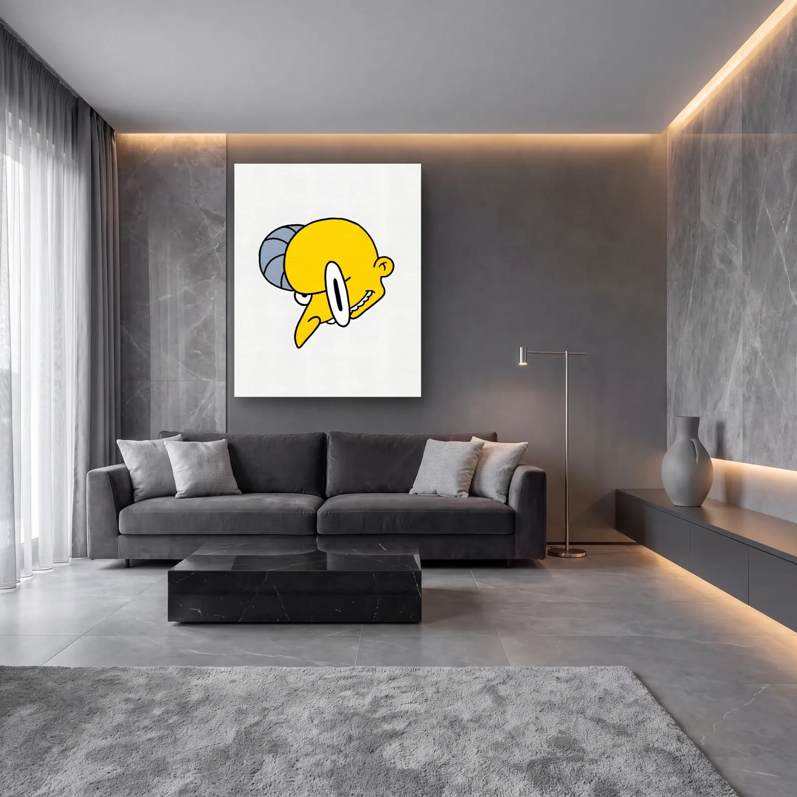 Soyut Mr. Burns cam tablo — lüks salon duvarında