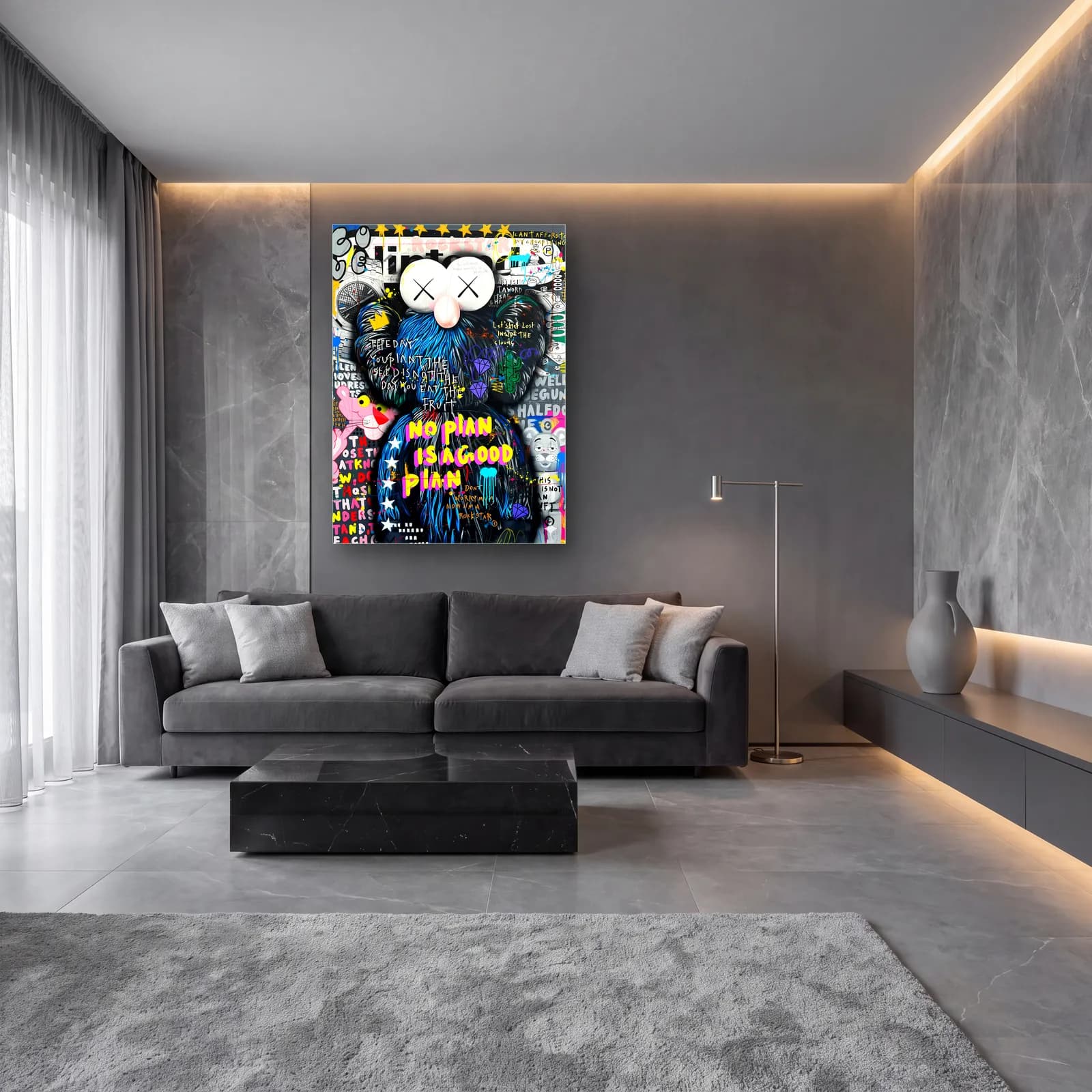 No Plan KAWS Pop Art Kolaj cam tablo — lüks salon duvarında