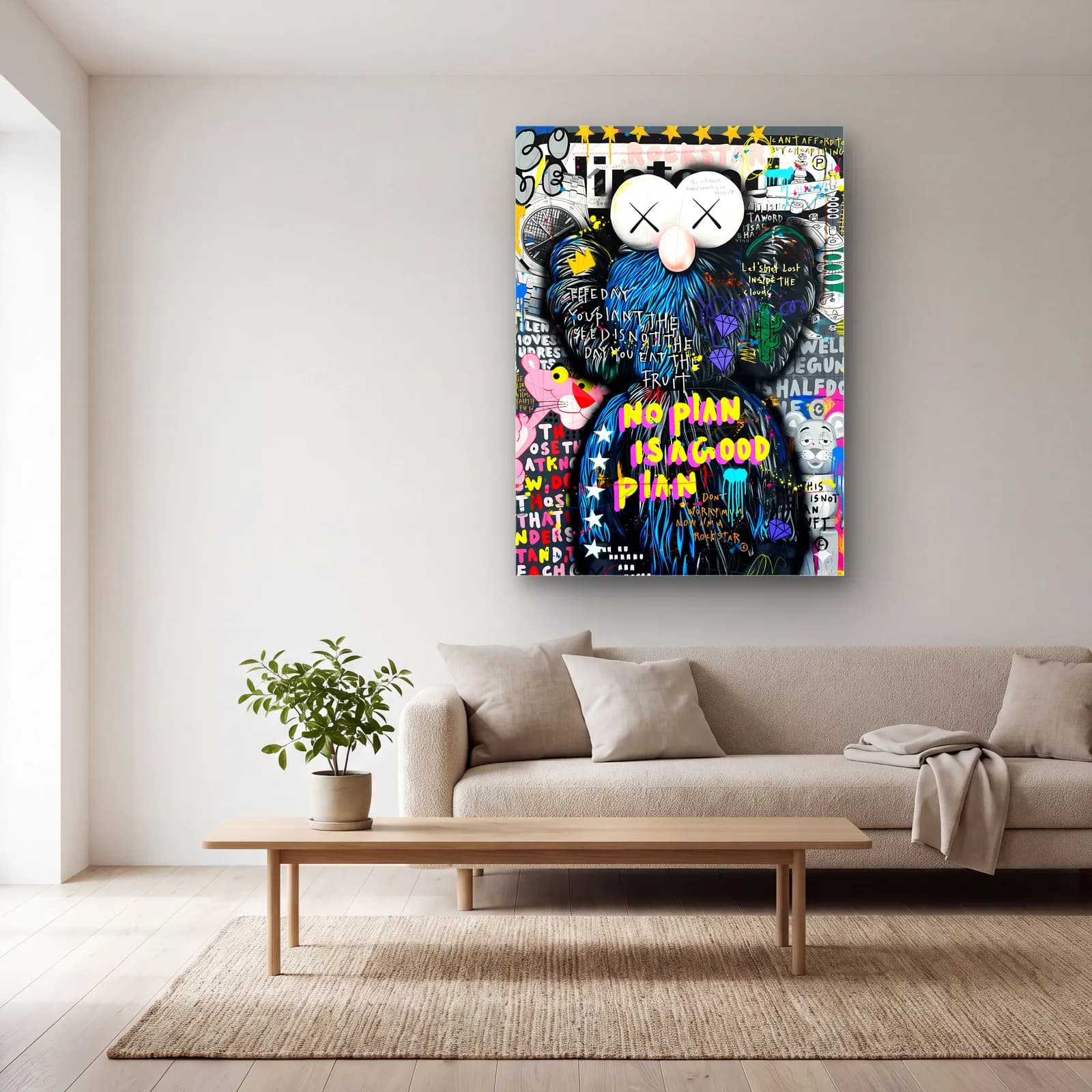 No Plan KAWS Pop Art Kolaj cam tablo — açık renk salonda