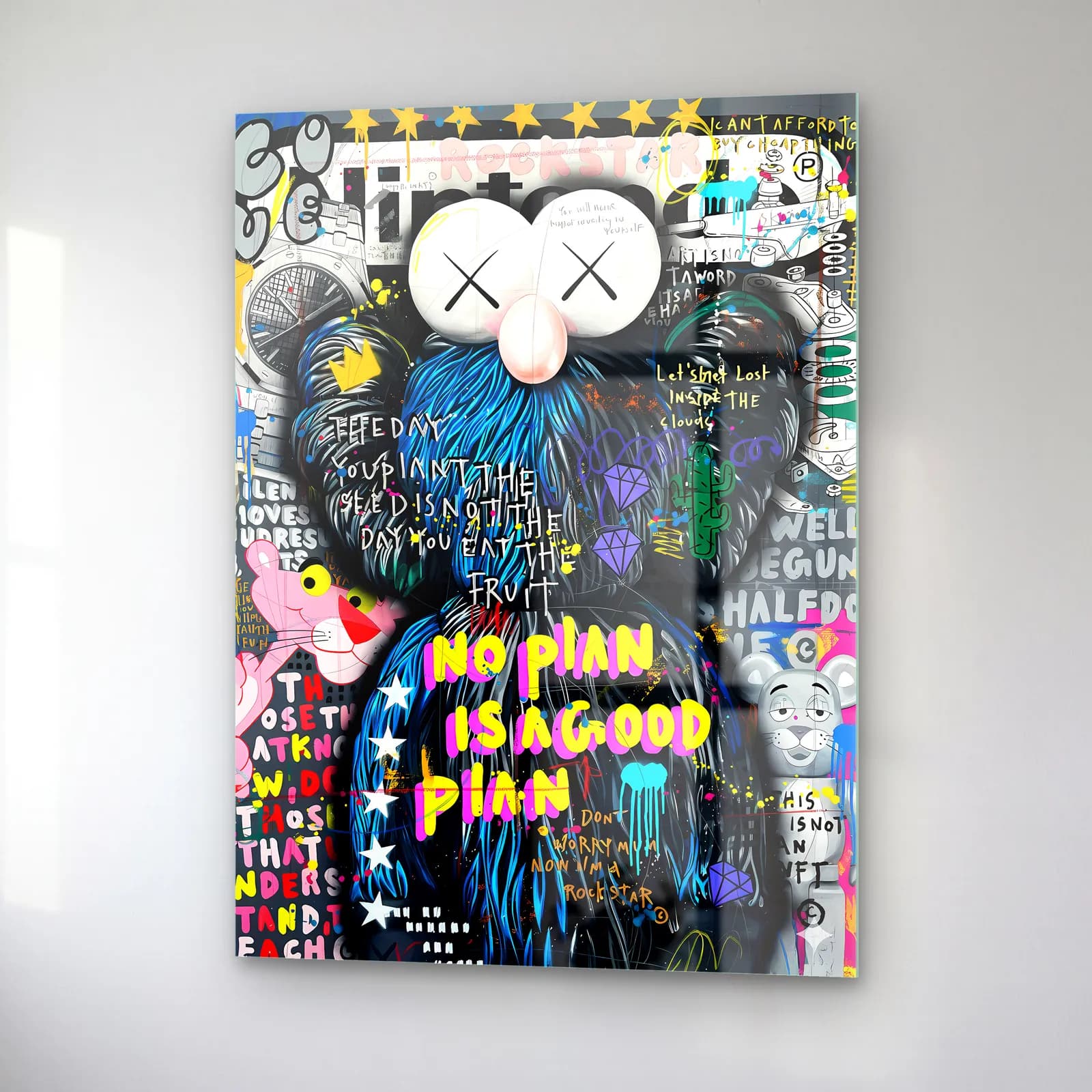 No Plan KAWS Pop Art Kolaj cam tablo — sağ açıdan görünüm