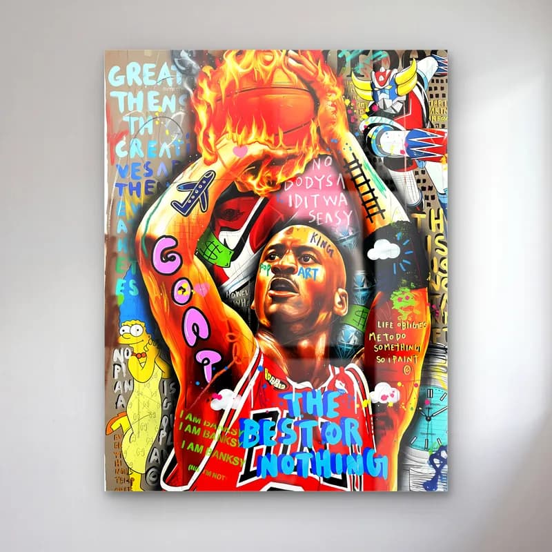 Alevli Topla Michael Jordan cam tablo — Renkli grafiti kolajında alevli basketbol topuyla şut atan Bulls formalı Michael Jordan