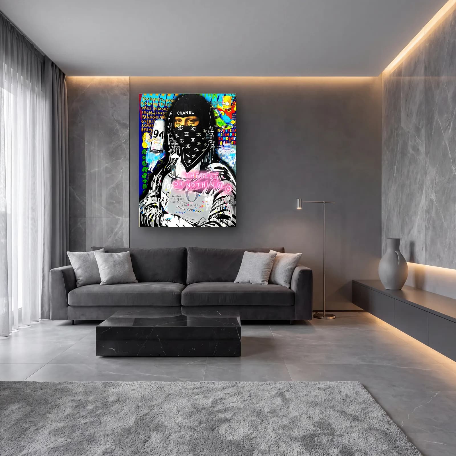 Chanel Bandanalı Mona Lisa cam tablo — lüks salon duvarında