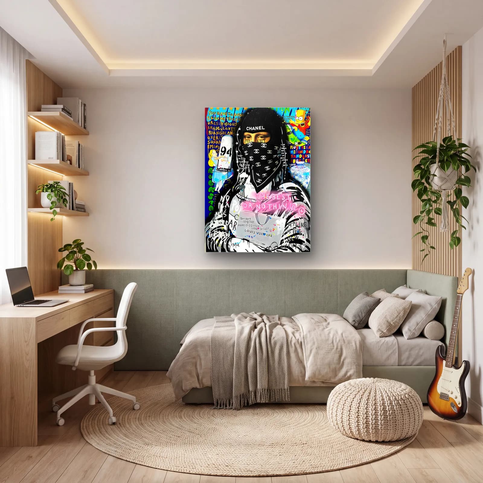 Chanel Bandanalı Mona Lisa cam tablo — genç odasında