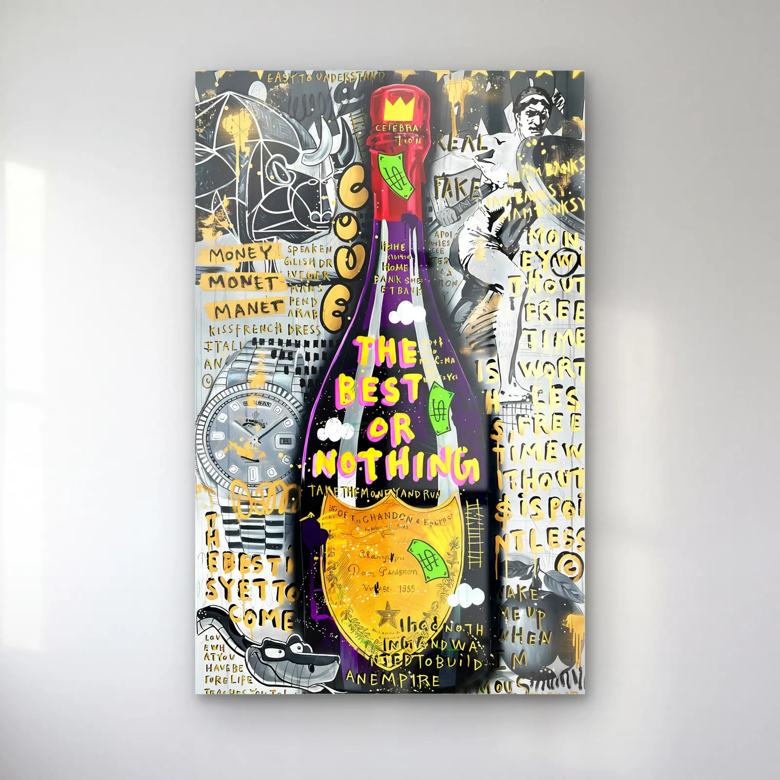 Dom Pérignon Best or Nothing cam tablo — Siyah beyaz grafiti kolaj üzerinde koyu yeşil Dom Pérignon şişesi ve sarı yazılar