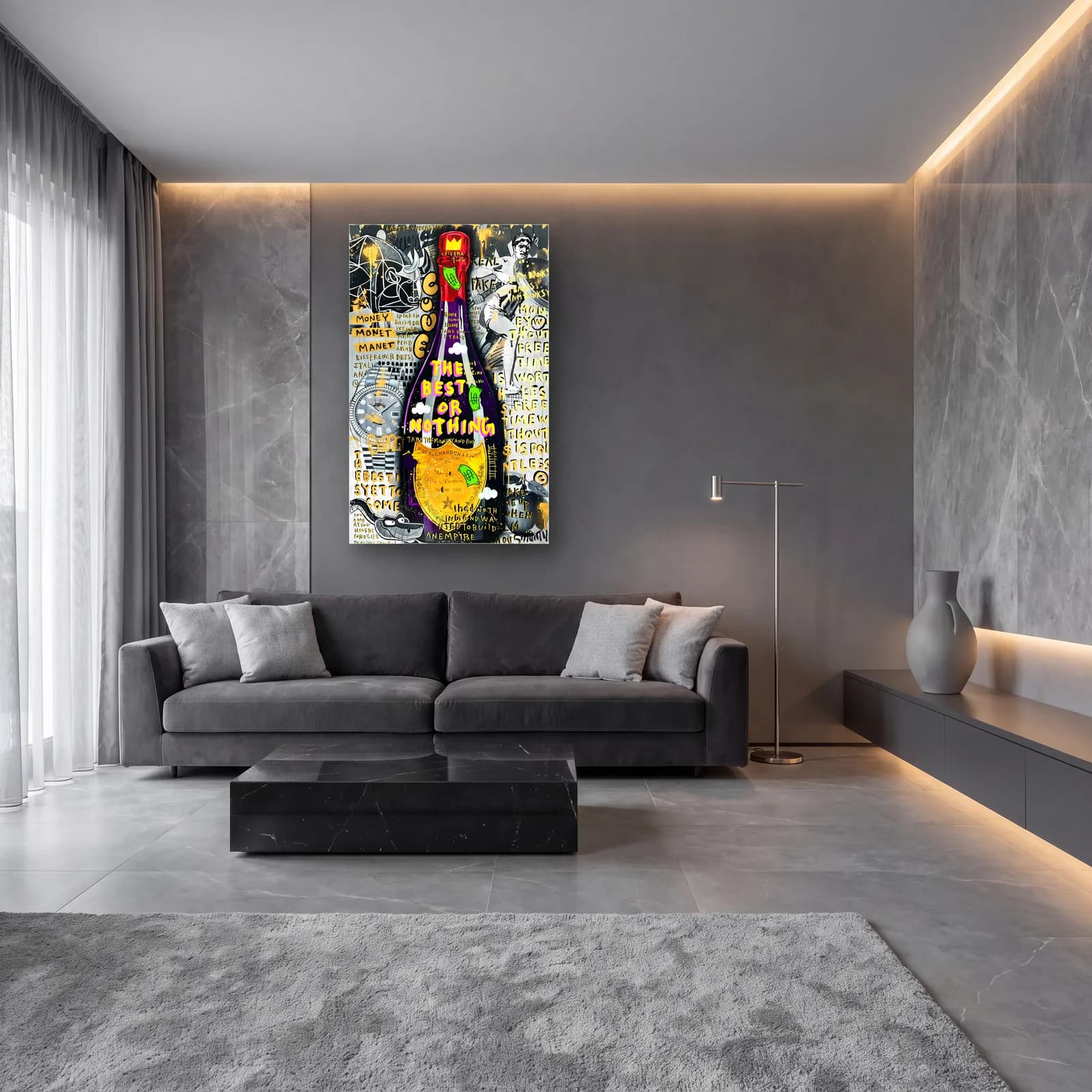 Dom Pérignon Best or Nothing cam tablo — lüks salon duvarında