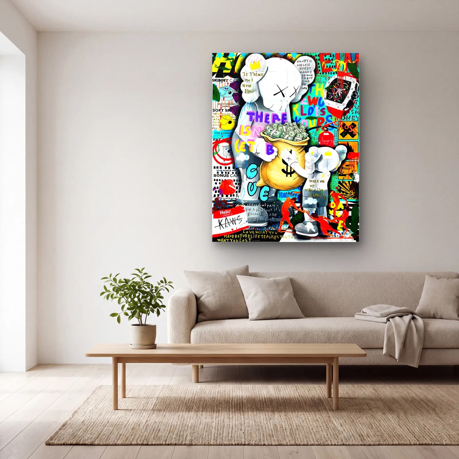 Para Çuvallı KAWS Kolajı cam tablo — açık renk salonda