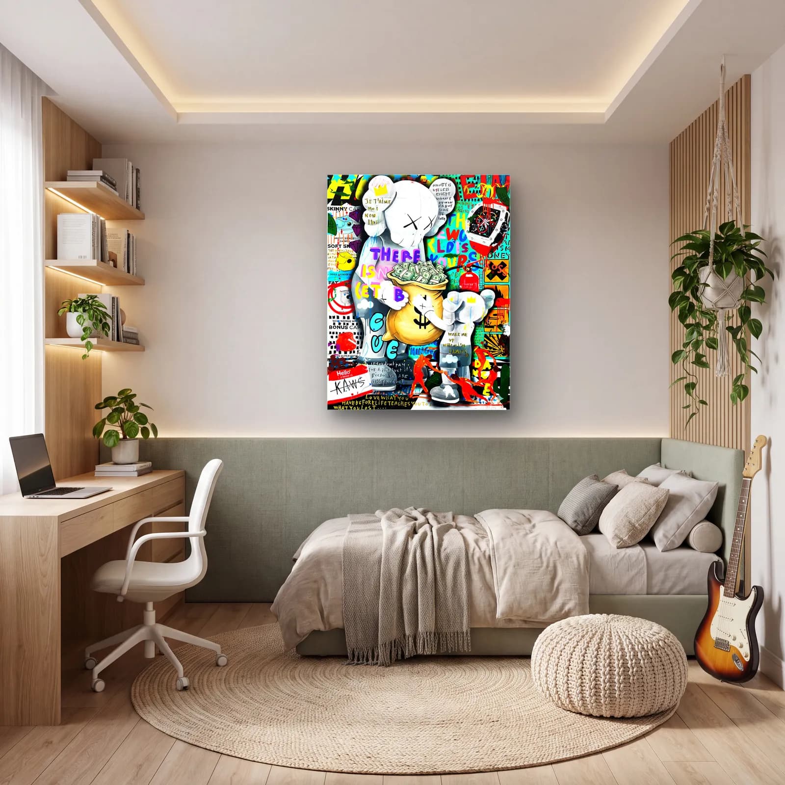 Para Çuvallı KAWS Kolajı cam tablo — genç odasında
