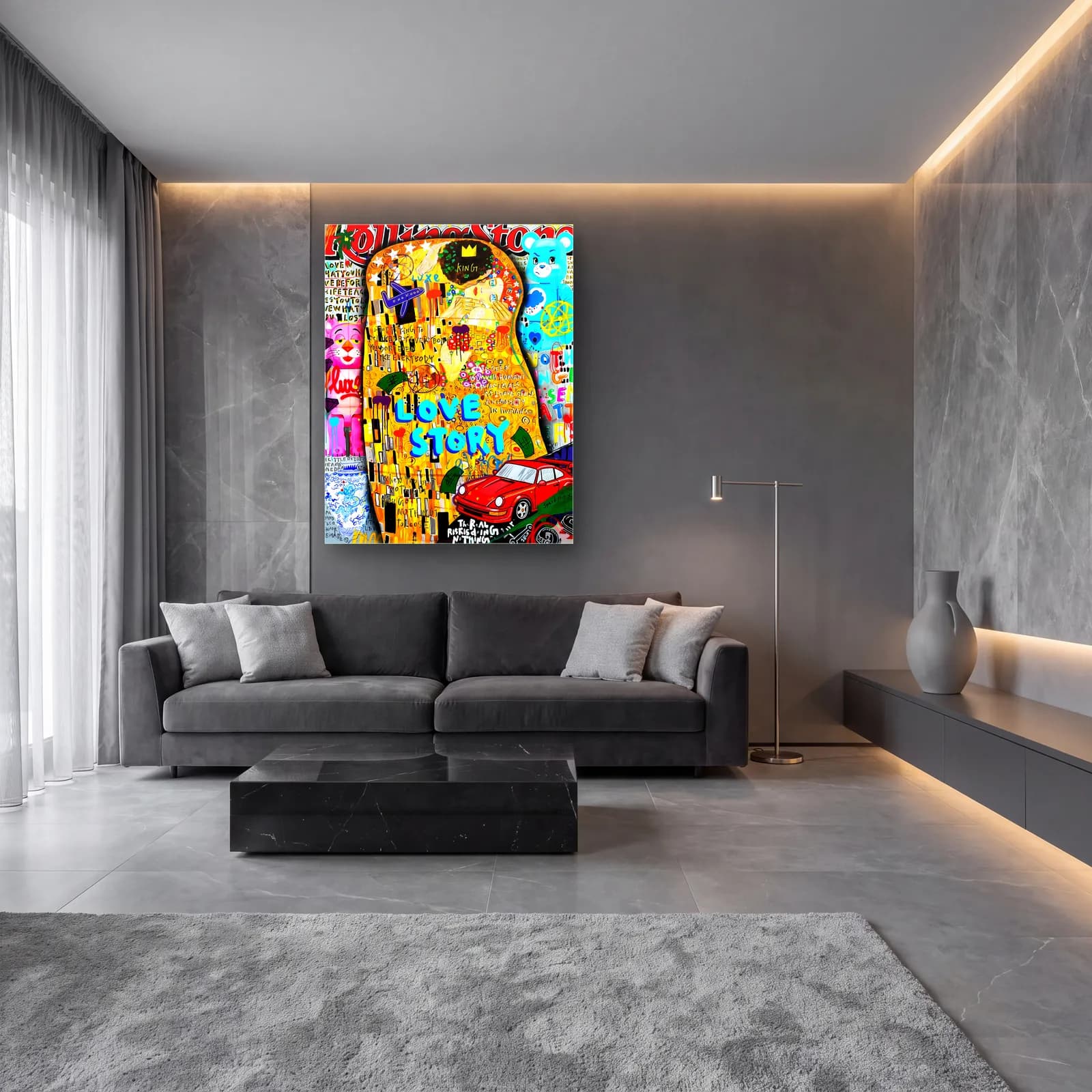 Klimt Öpücük Love Story cam tablo — lüks salon duvarında