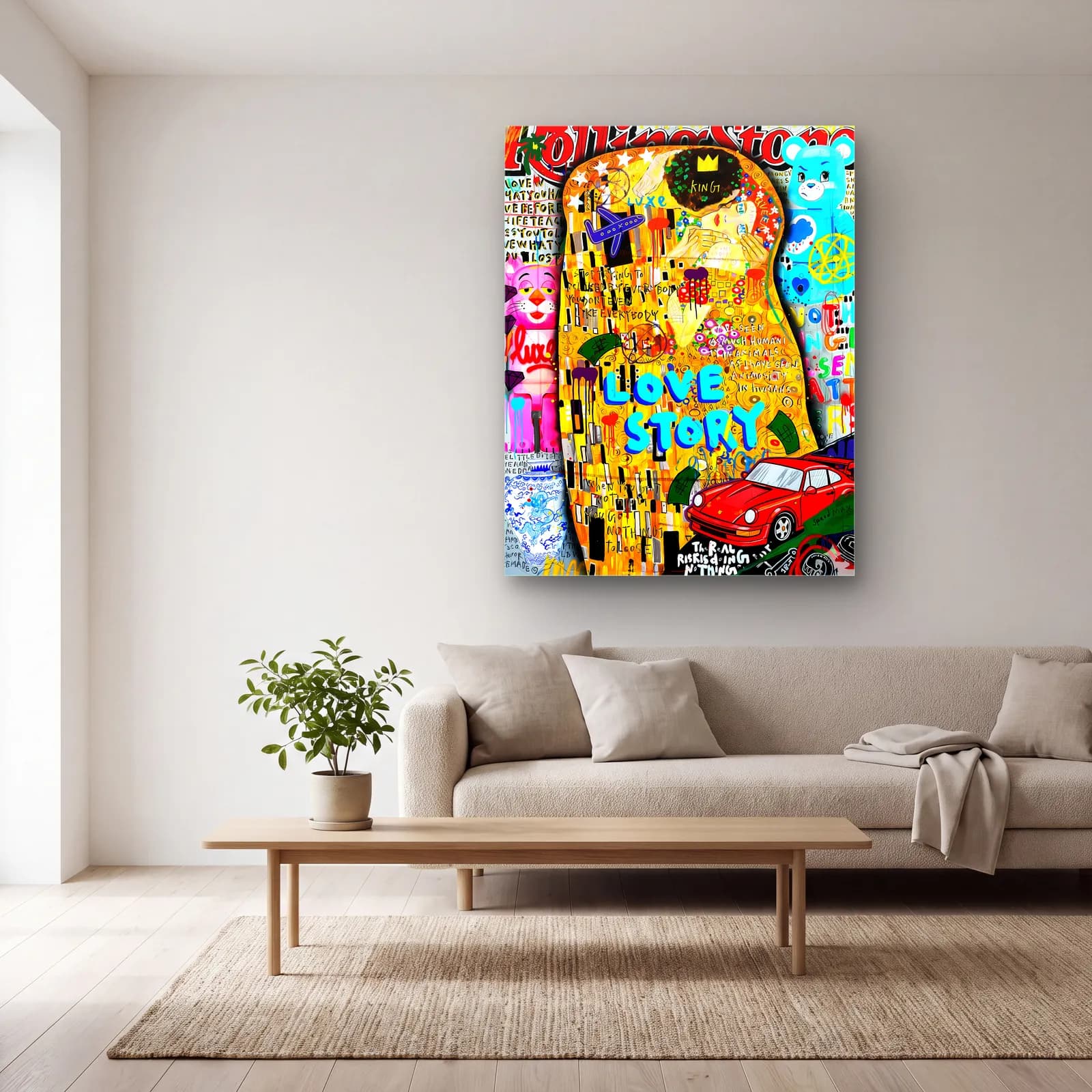 Klimt Öpücük Love Story cam tablo — açık renk salonda