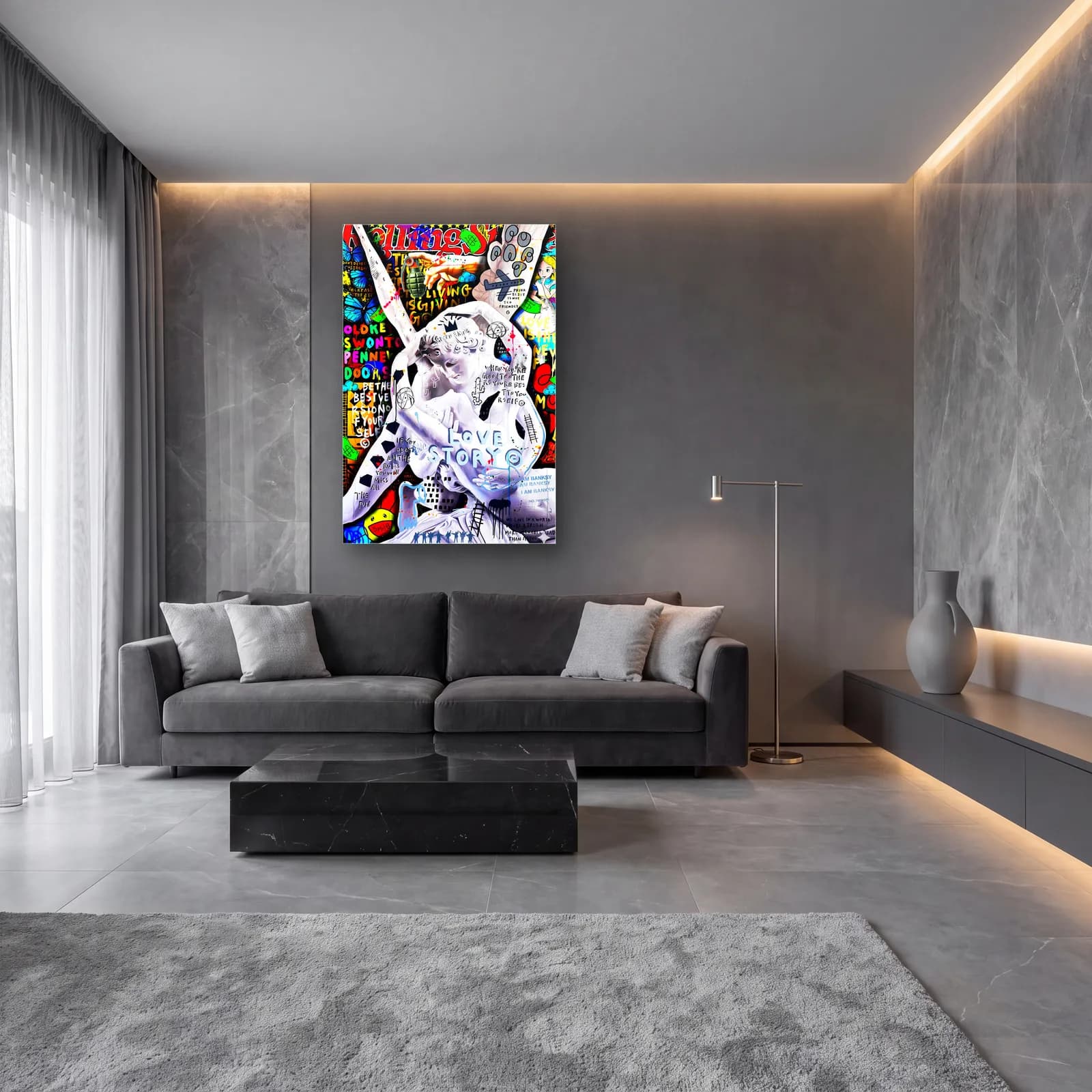 Love Story Beyaz Aşıklar Heykeli cam tablo — lüks salon duvarında