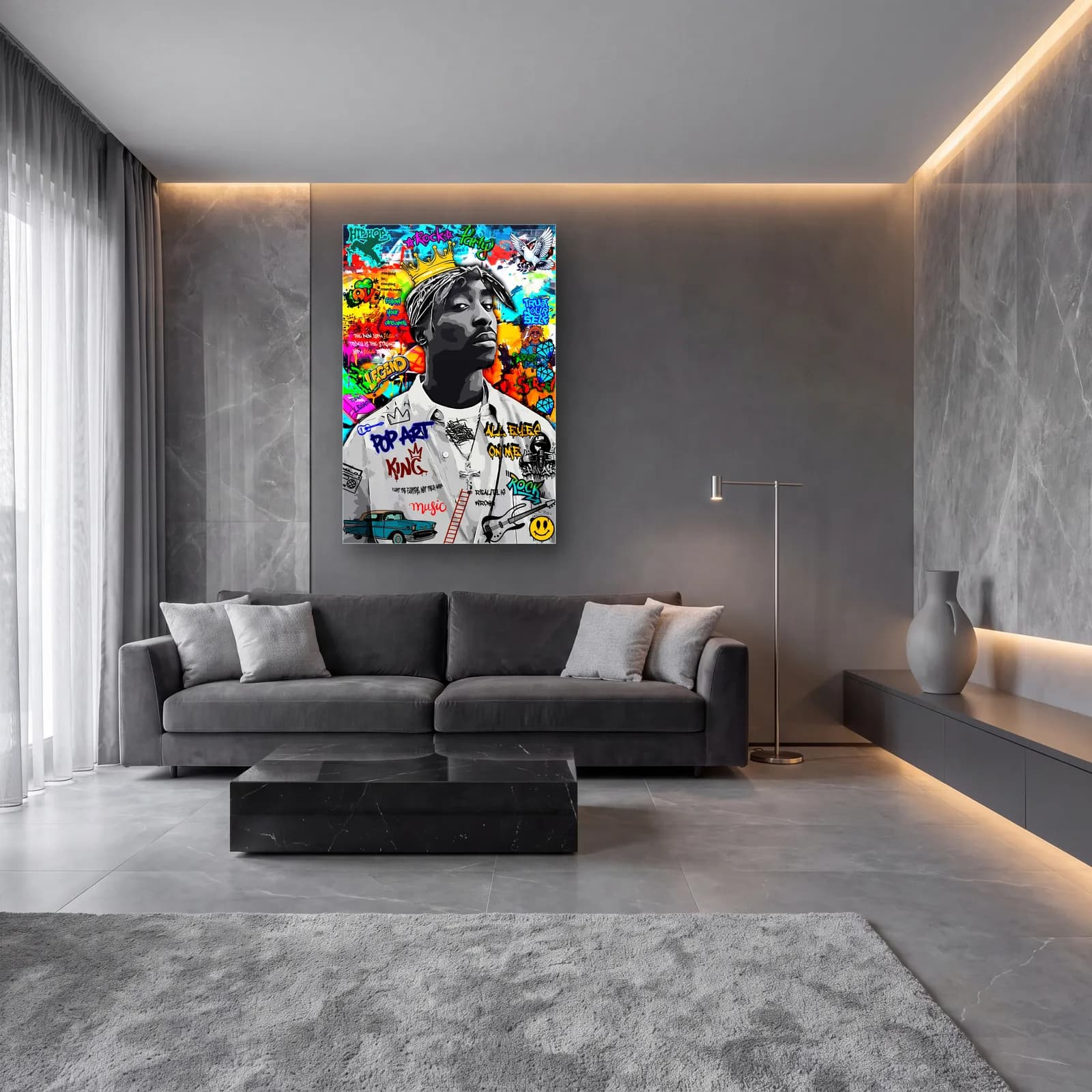 Pop Art King Tupac cam tablo — lüks salon duvarında