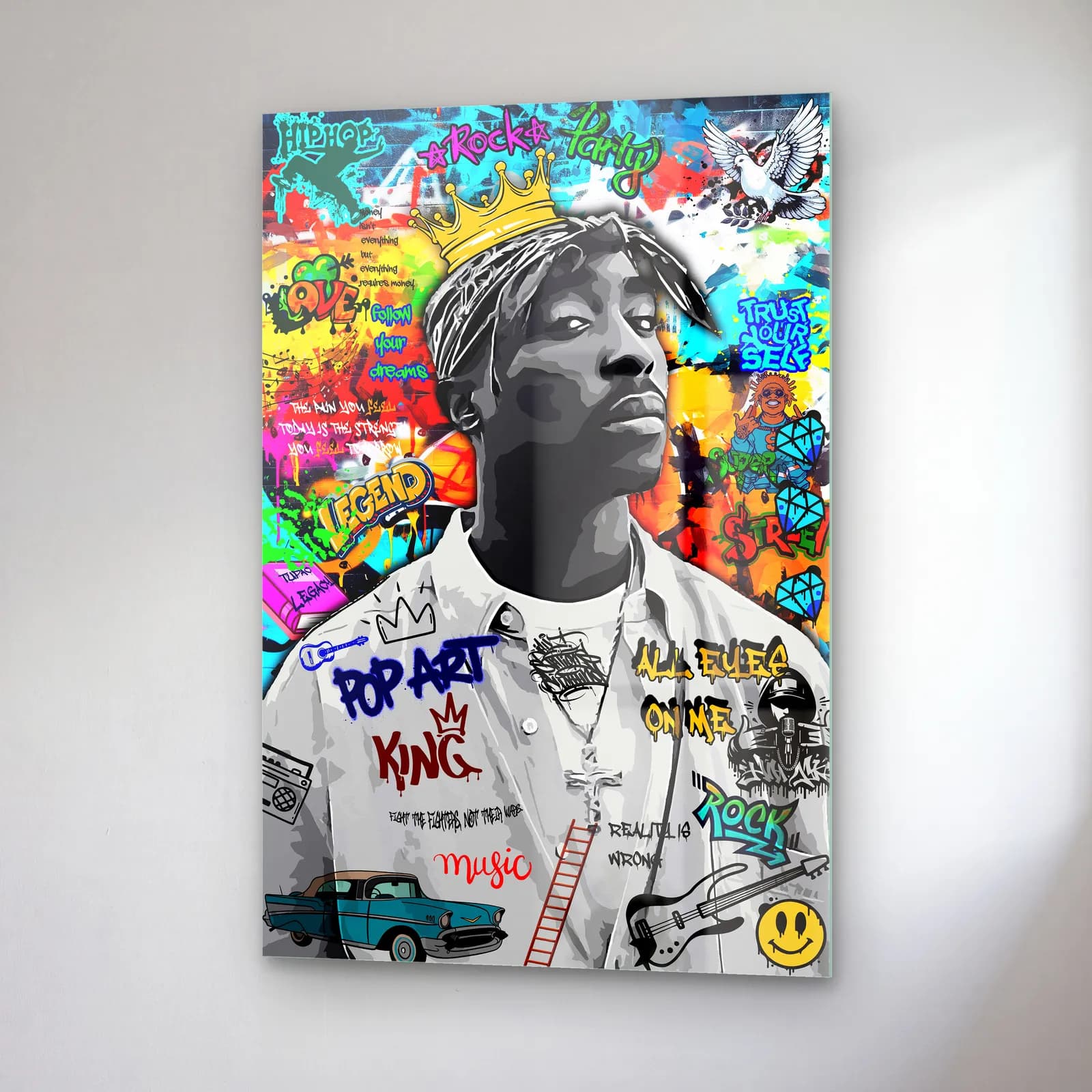Pop Art King Tupac cam tablo — sağ açıdan görünüm