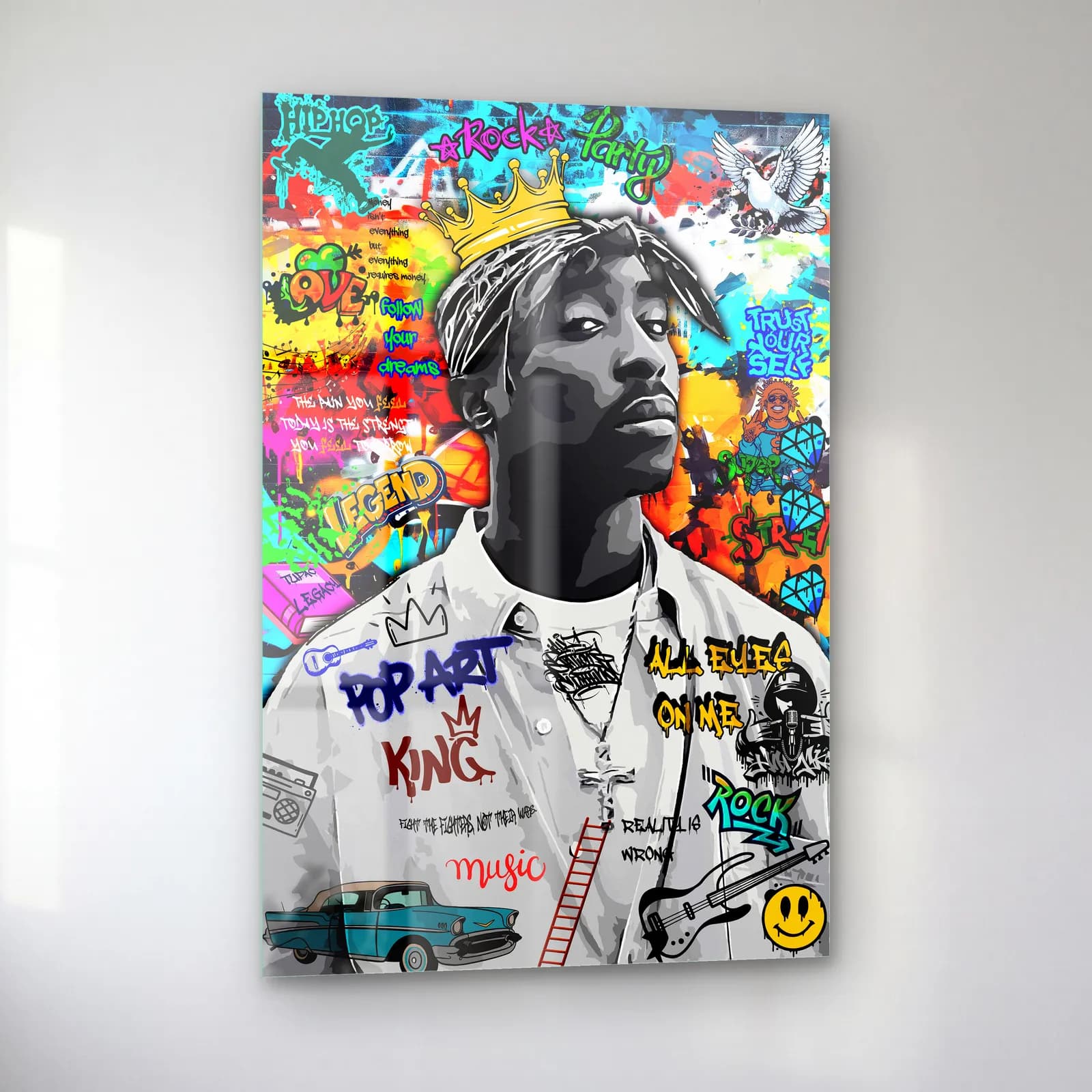 Pop Art King Tupac cam tablo — sol açıdan görünüm