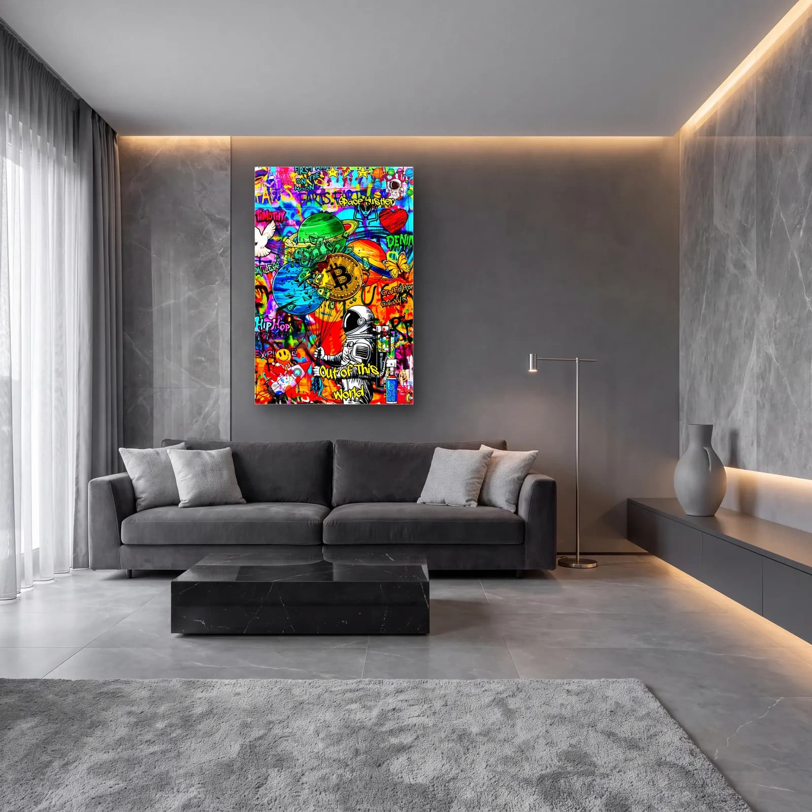 Grafiti Bitcoin Astronot cam tablo — lüks salon duvarında
