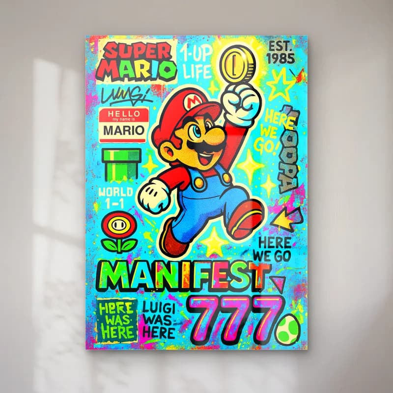 Manifest 777 Süper Mario cam tablo — Turkuaz zeminde grafiti yazılar arasında altın para tutan Super Mario