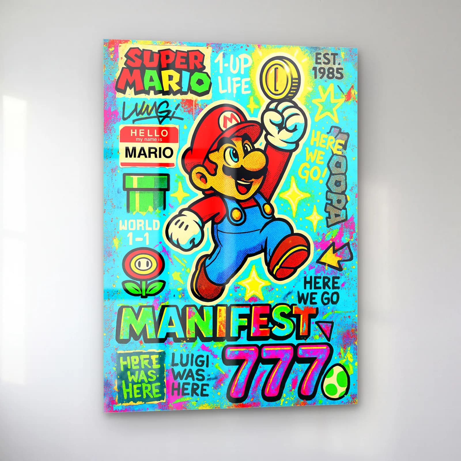 Manifest 777 Süper Mario cam tablo — sol açıdan görünüm