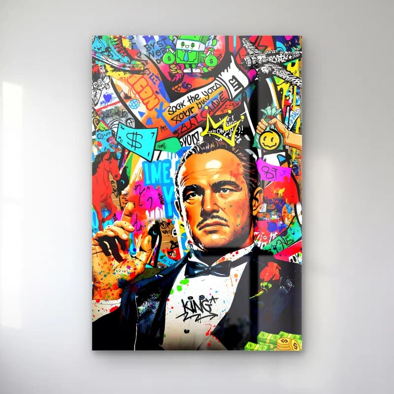 Pop Art Vito Corleone cam tablo — Renkli grafiti kolaj zeminde smokinli Vito Corleone portresi