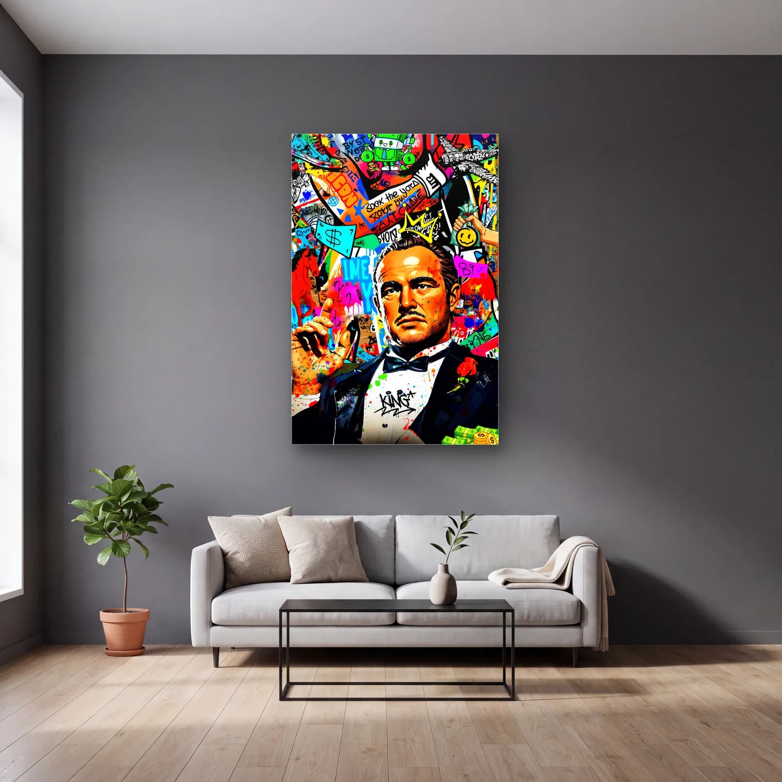 Pop Art Vito Corleone cam tablo — gri duvarlı salonda