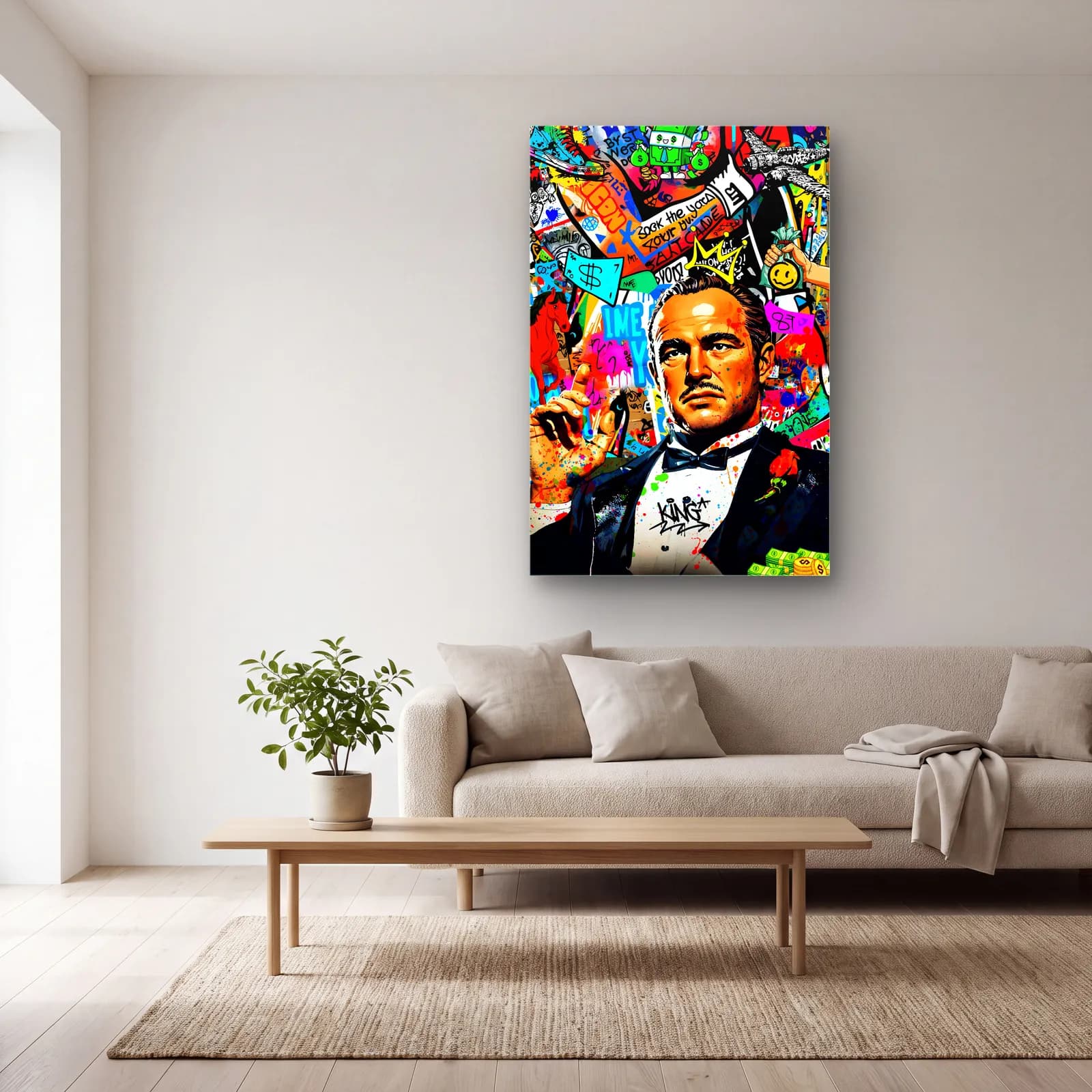 Pop Art Vito Corleone cam tablo — açık renk salonda