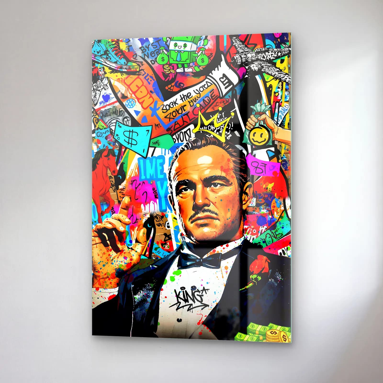 Pop Art Vito Corleone cam tablo — sağ açıdan görünüm