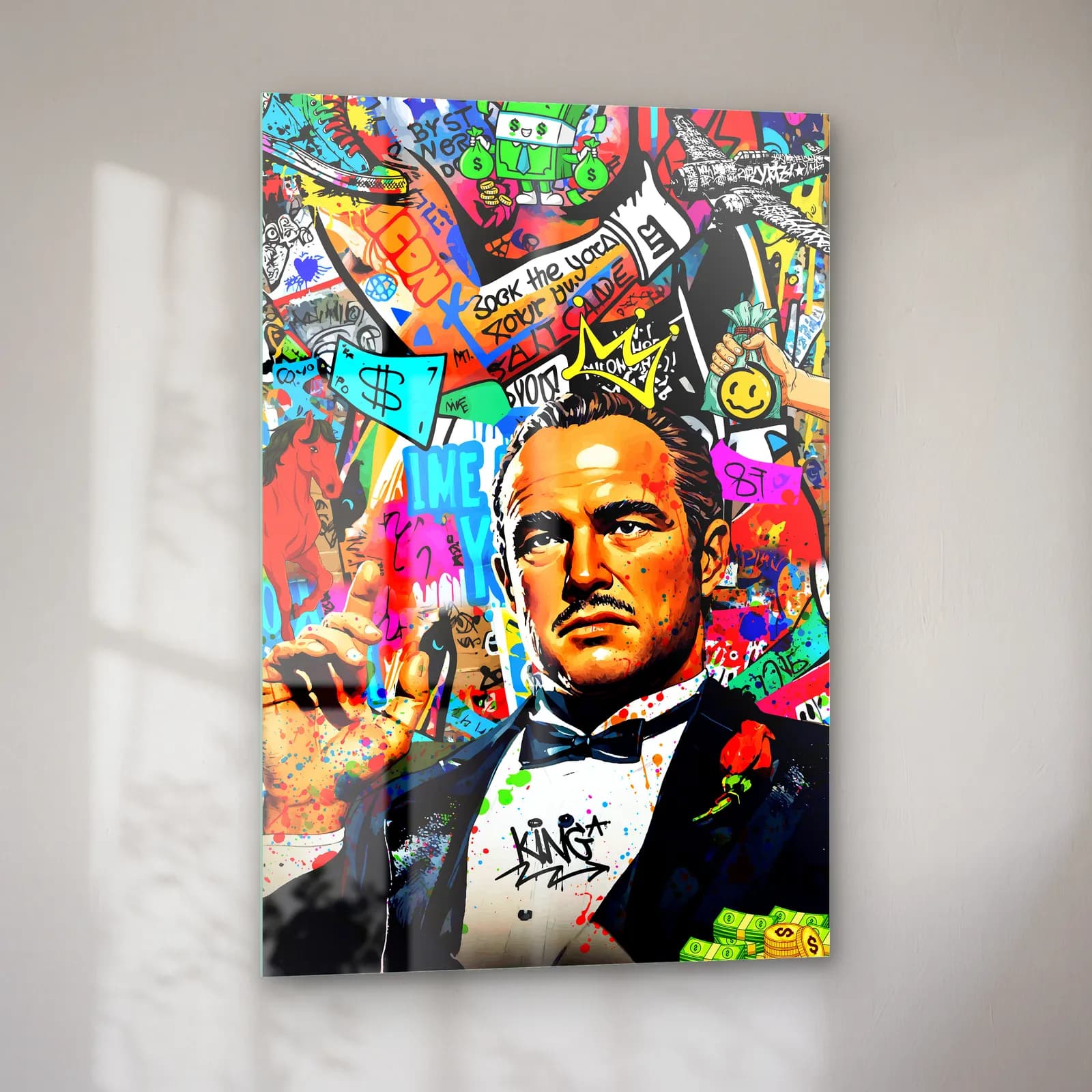 Pop Art Vito Corleone cam tablo — sol açıdan görünüm