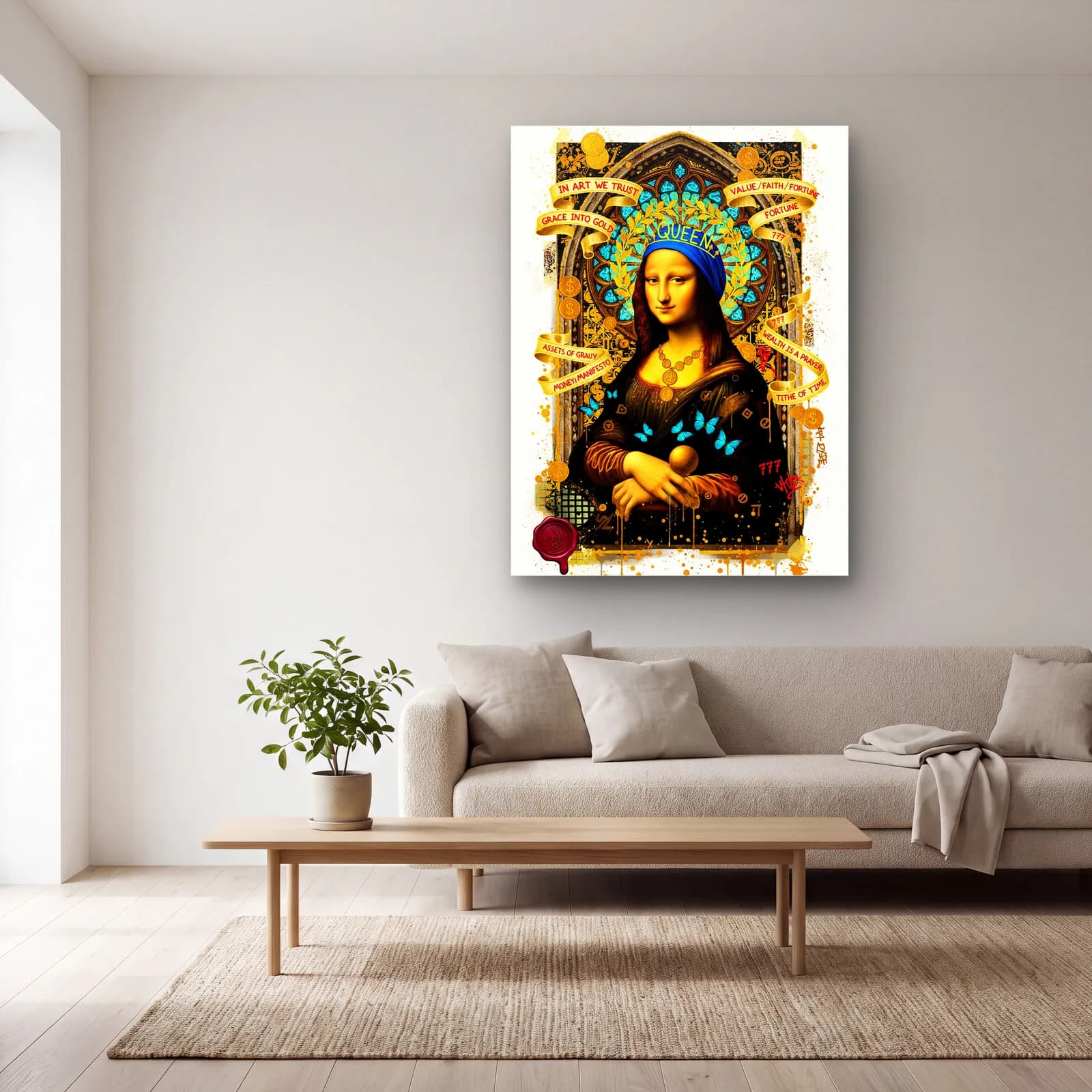 Kraliçe Mona Lisa cam tablo — açık renk salonda