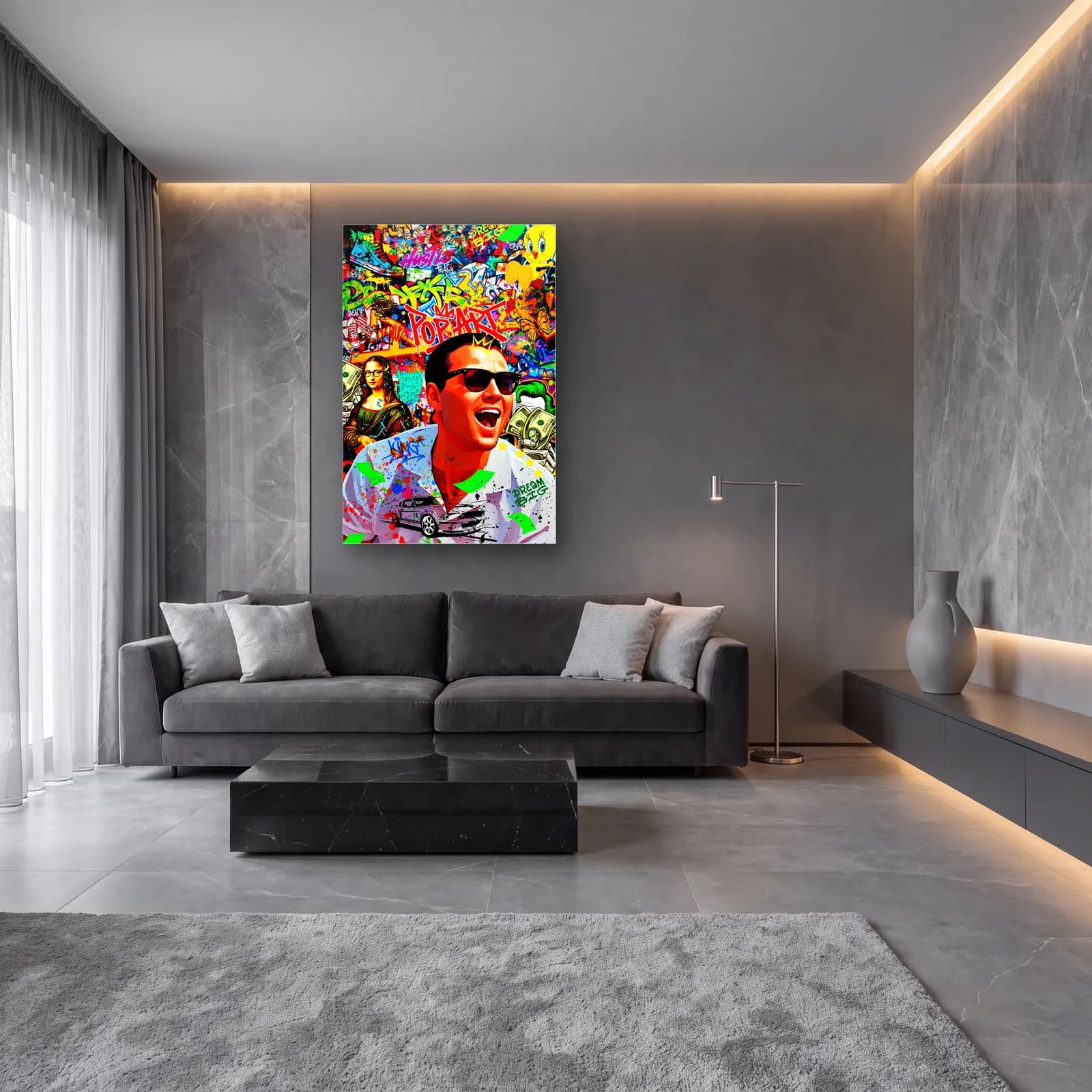 Pop Art Wall Street Kurdu cam tablo — lüks salon duvarında