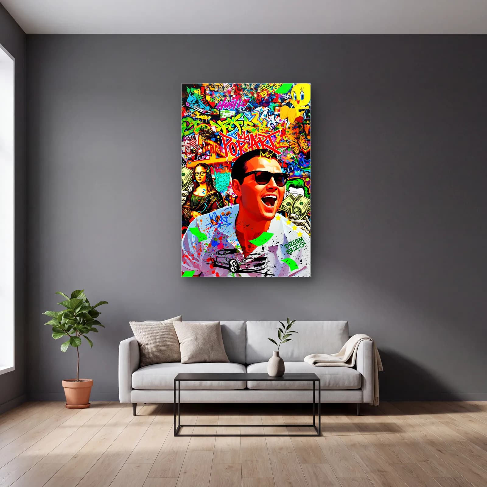 Pop Art Wall Street Kurdu cam tablo — gri duvarlı salonda