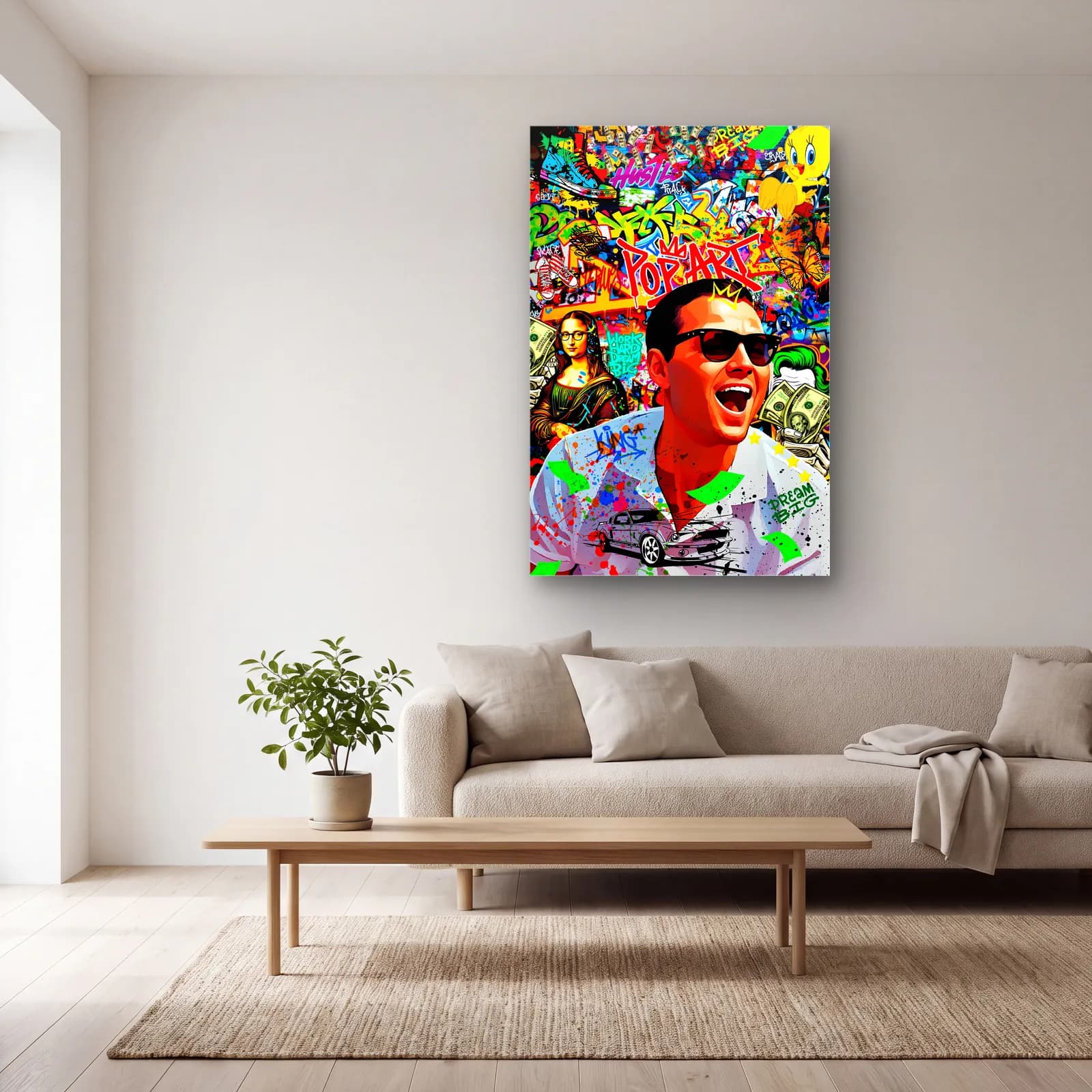 Pop Art Wall Street Kurdu cam tablo — açık renk salonda