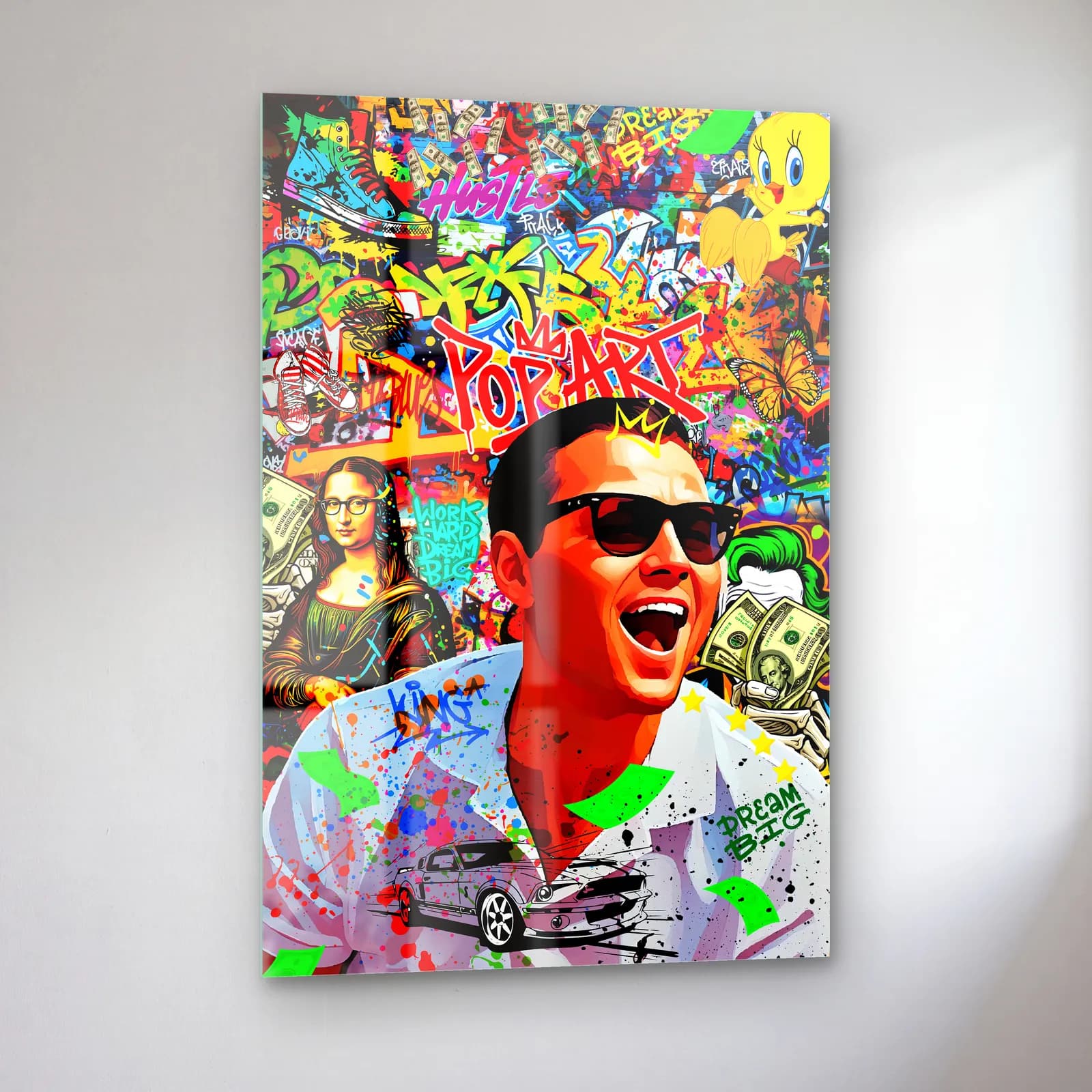 Pop Art Wall Street Kurdu cam tablo — sol açıdan görünüm