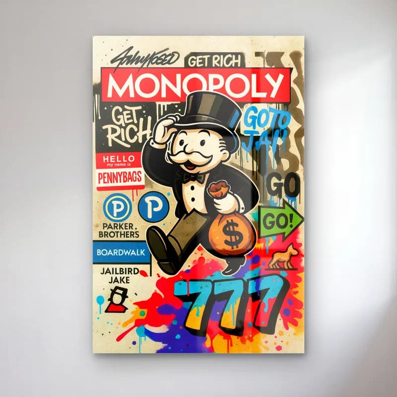 Get Rich Monopoly Adamı cam tablo — Krem zeminde para çantasıyla koşan Monopoly adamı ve 777 yazısı
