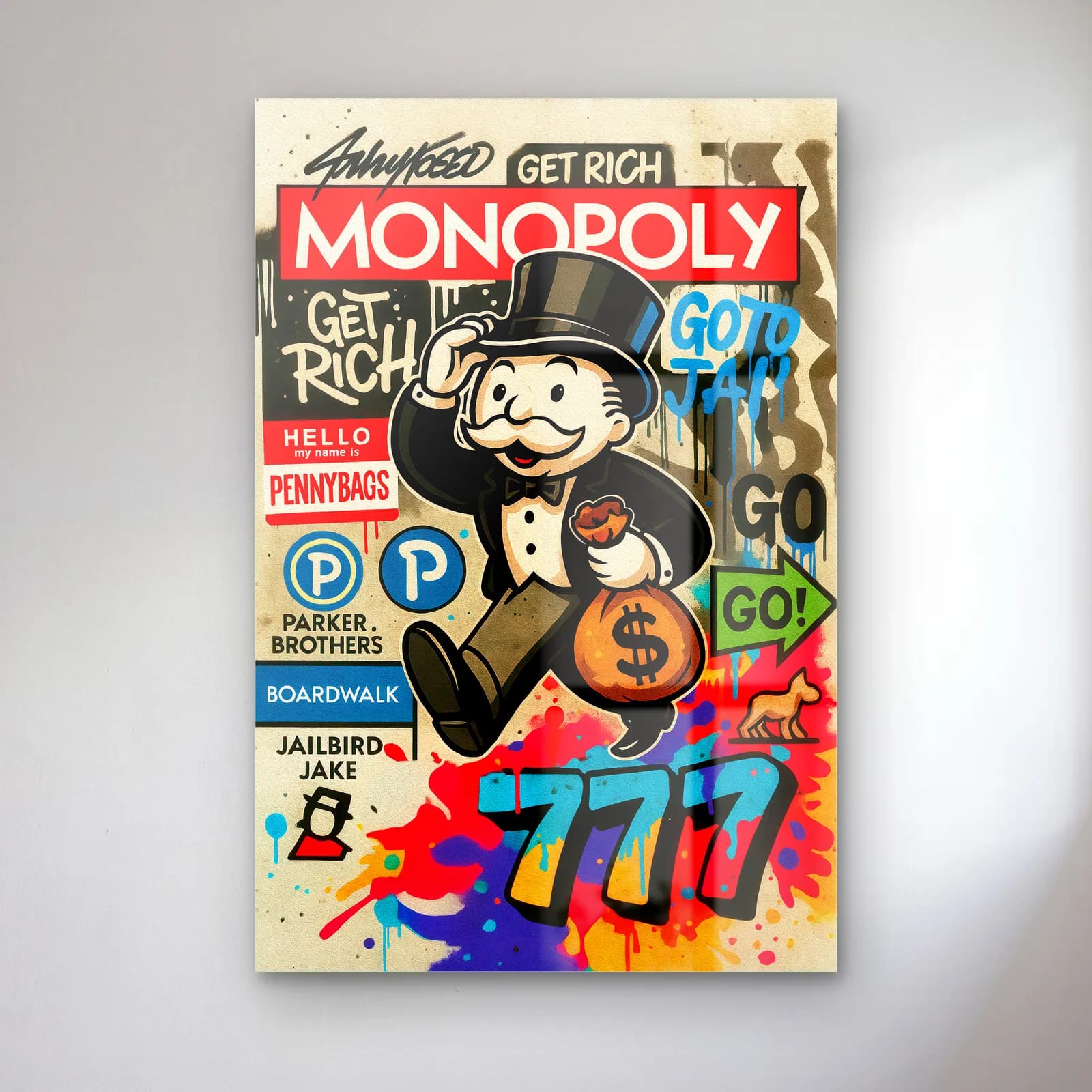 Get Rich Monopoly Adamı cam tablo — Krem zeminde para çantasıyla koşan Monopoly adamı ve 777 yazısı