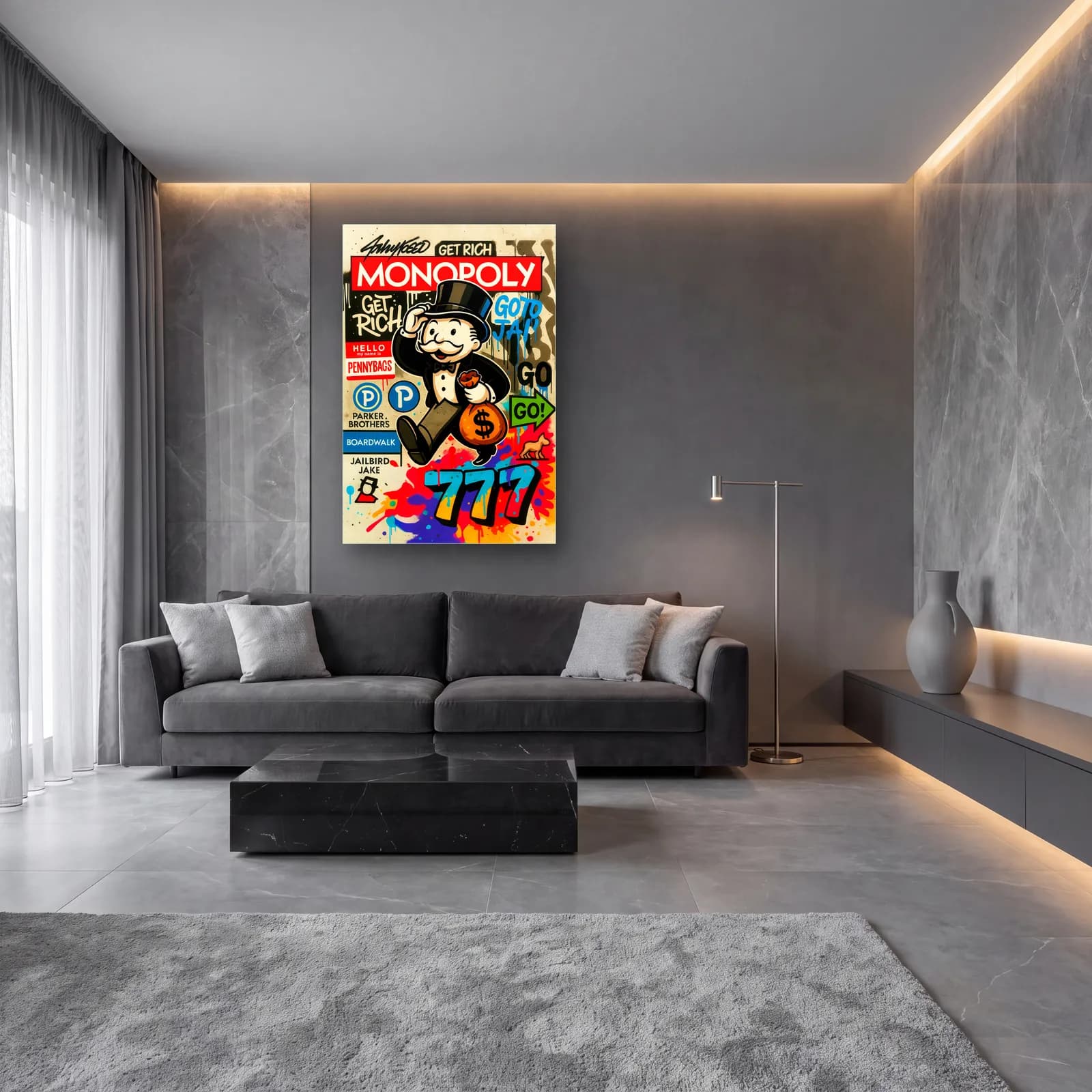 Get Rich Monopoly Adamı cam tablo — lüks salon duvarında