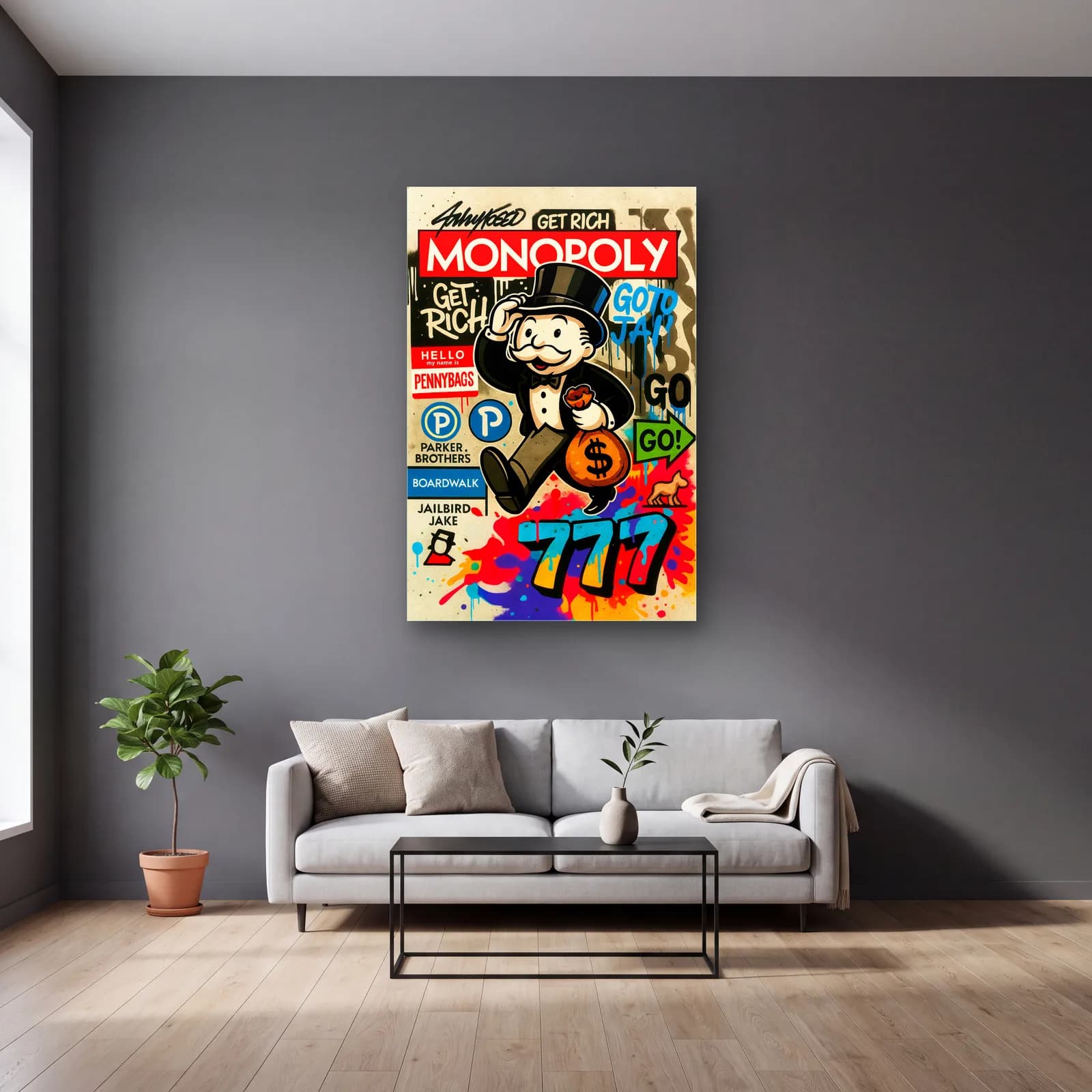 Get Rich Monopoly Adamı cam tablo — gri duvarlı salonda