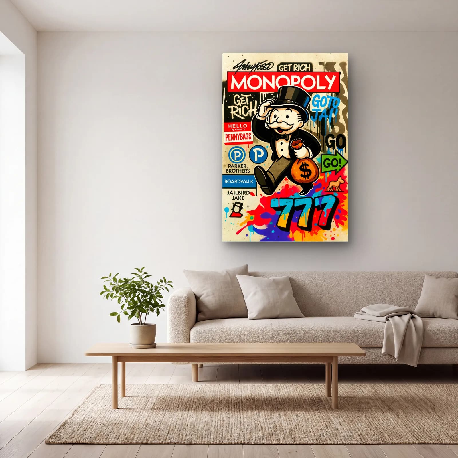 Get Rich Monopoly Adamı cam tablo — açık renk salonda
