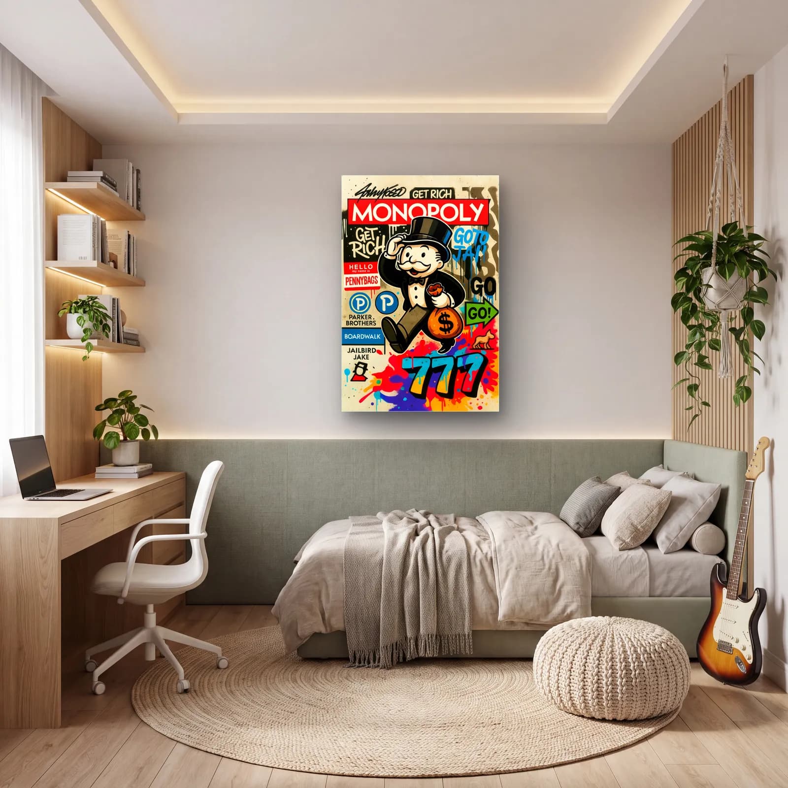 Get Rich Monopoly Adamı cam tablo — genç odasında