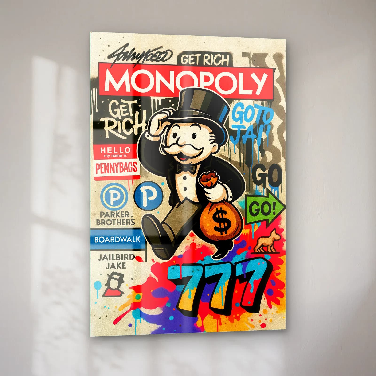 Get Rich Monopoly Adamı cam tablo — sol açıdan görünüm