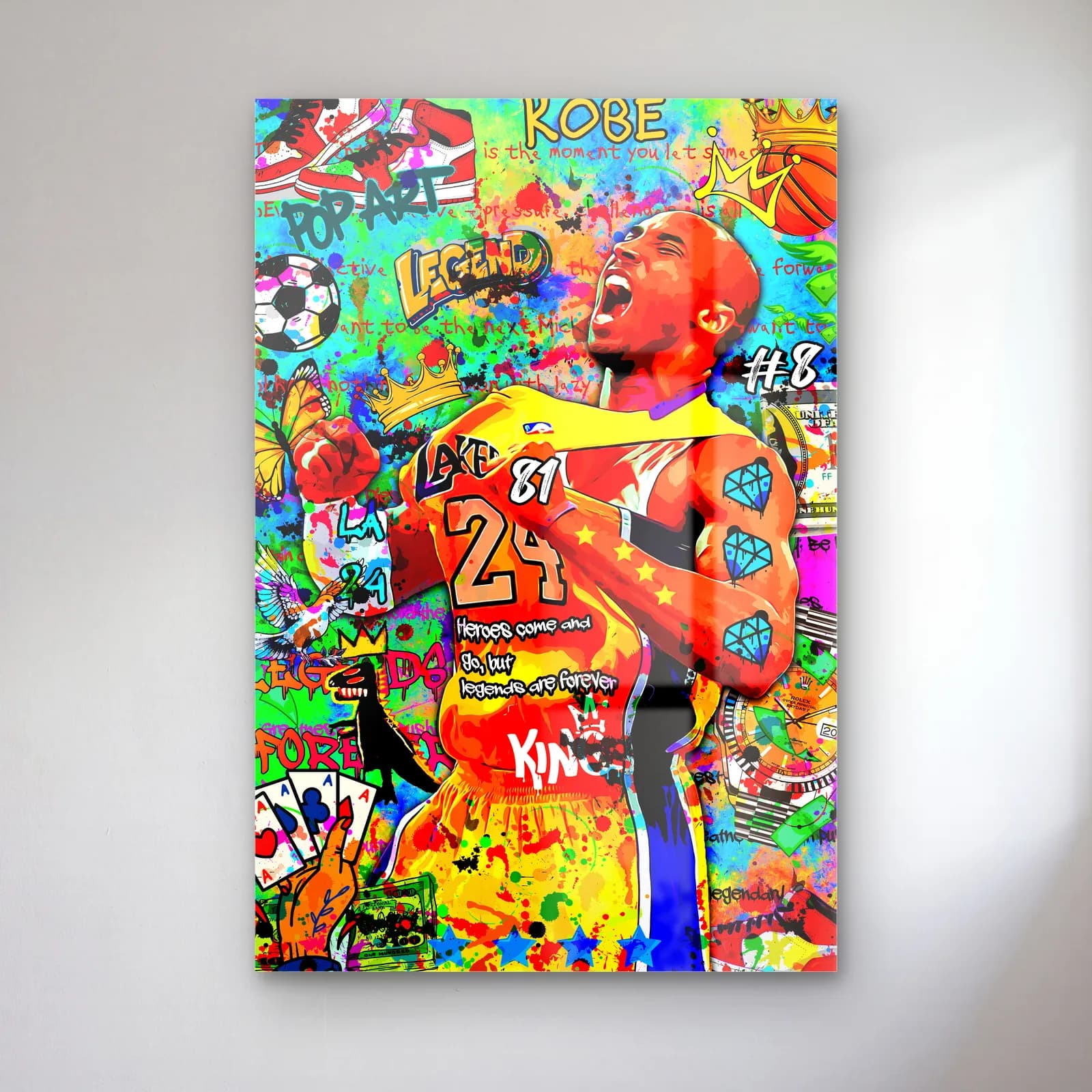 Grafiti Kobe Bryant cam tablo — Renkli grafiti kolaj üzerinde 24 numaralı formayla haykıran Kobe Bryant