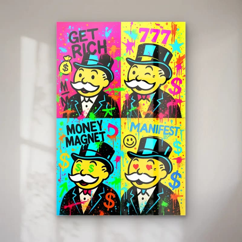 Dörtlü Pop Art Monopoly cam tablo — Pembe, sarı ve turkuaz dört panelde tekrarlanan Monopoly adamı