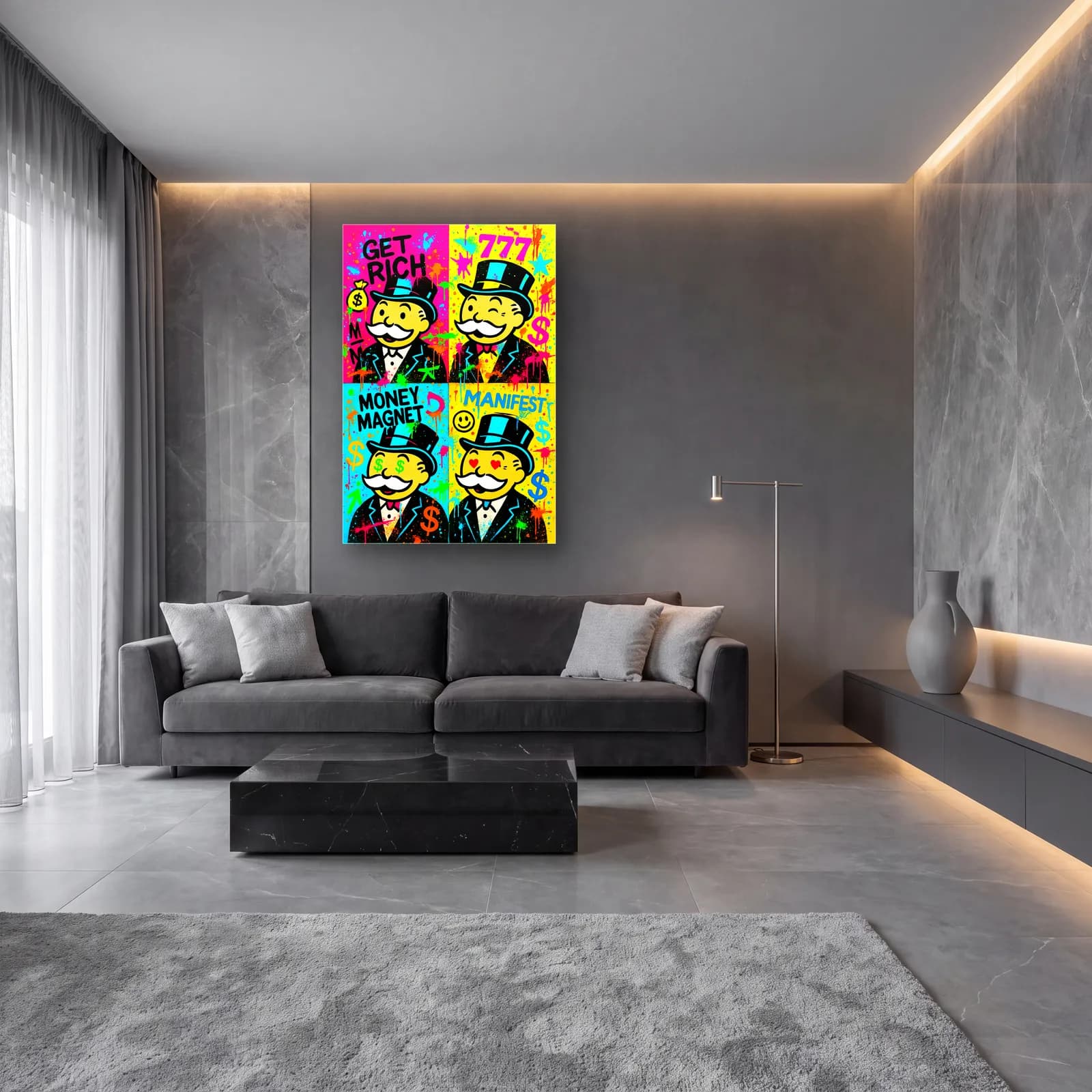 Dörtlü Pop Art Monopoly cam tablo — lüks salon duvarında