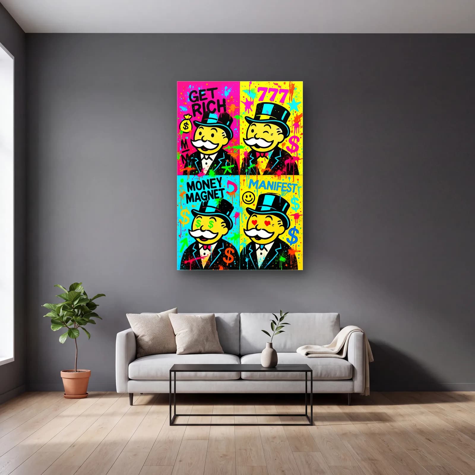 Dörtlü Pop Art Monopoly cam tablo — gri duvarlı salonda