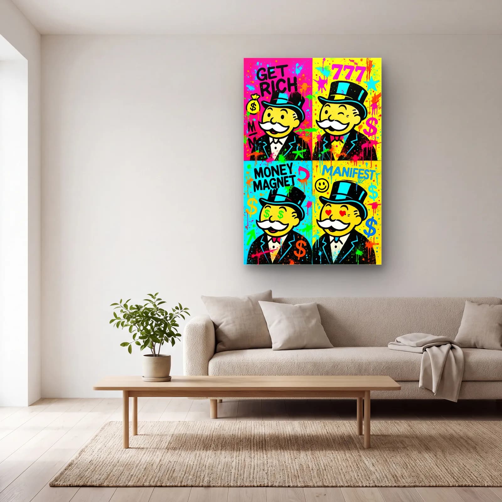Dörtlü Pop Art Monopoly cam tablo — açık renk salonda