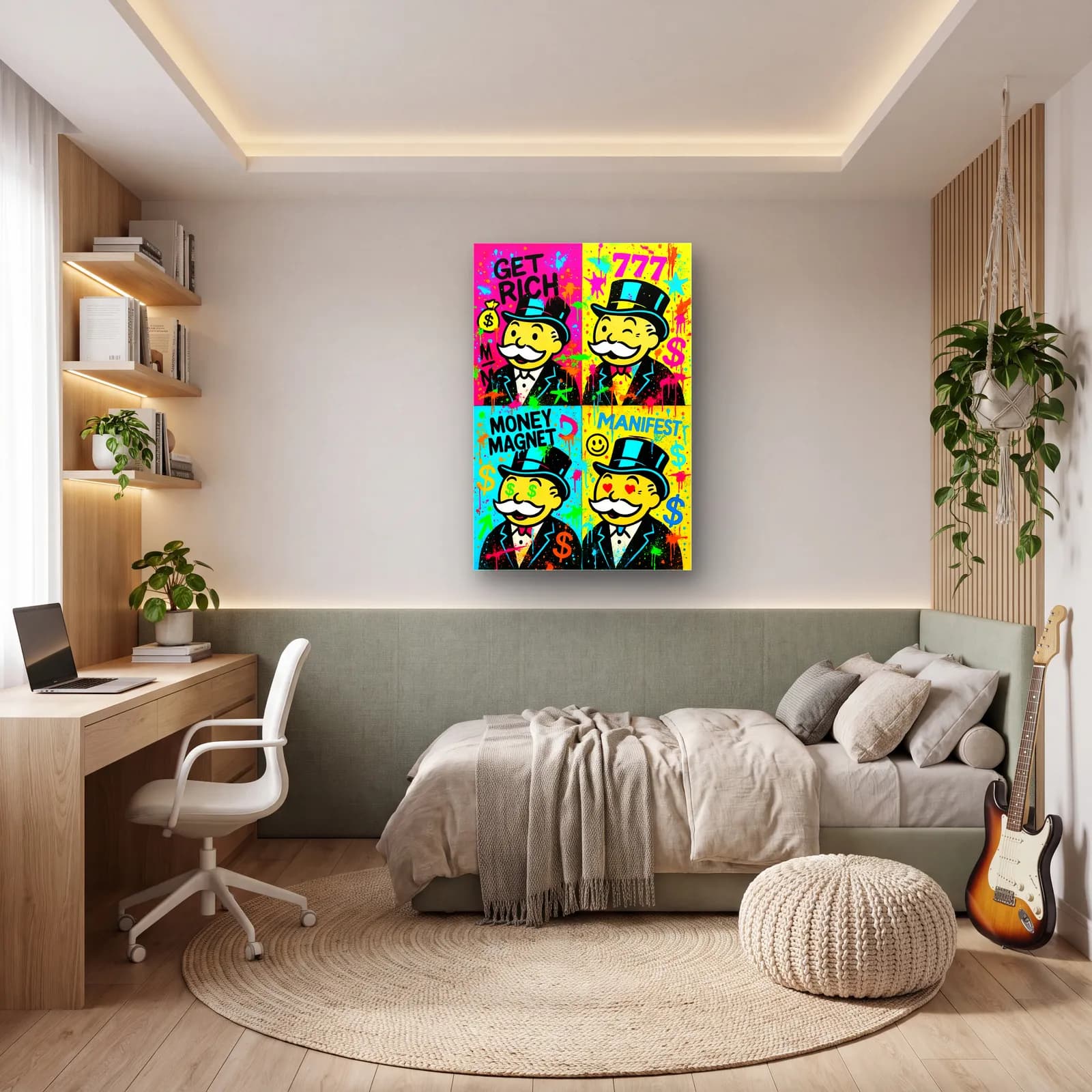 Dörtlü Pop Art Monopoly cam tablo — genç odasında