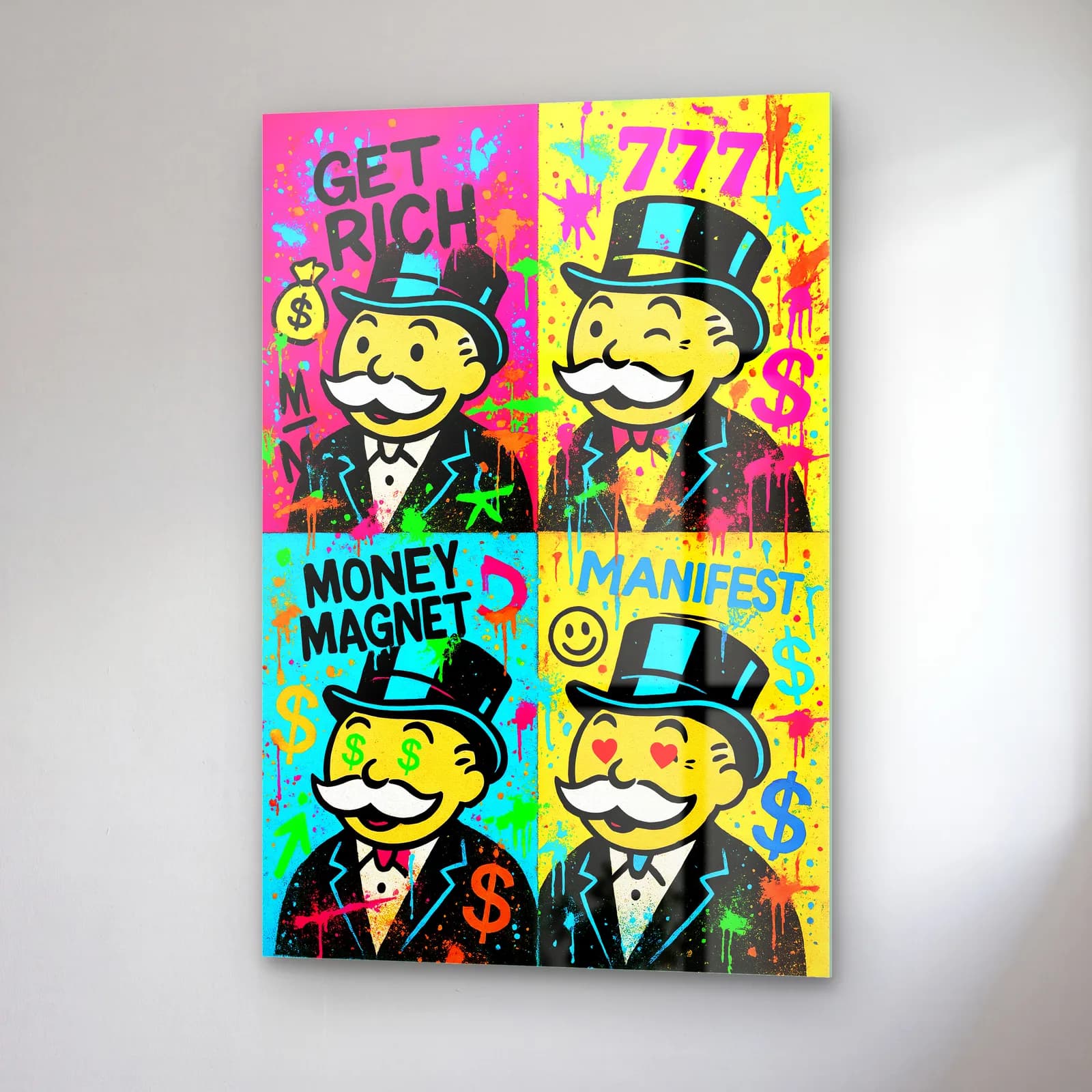 Dörtlü Pop Art Monopoly cam tablo — sağ açıdan görünüm