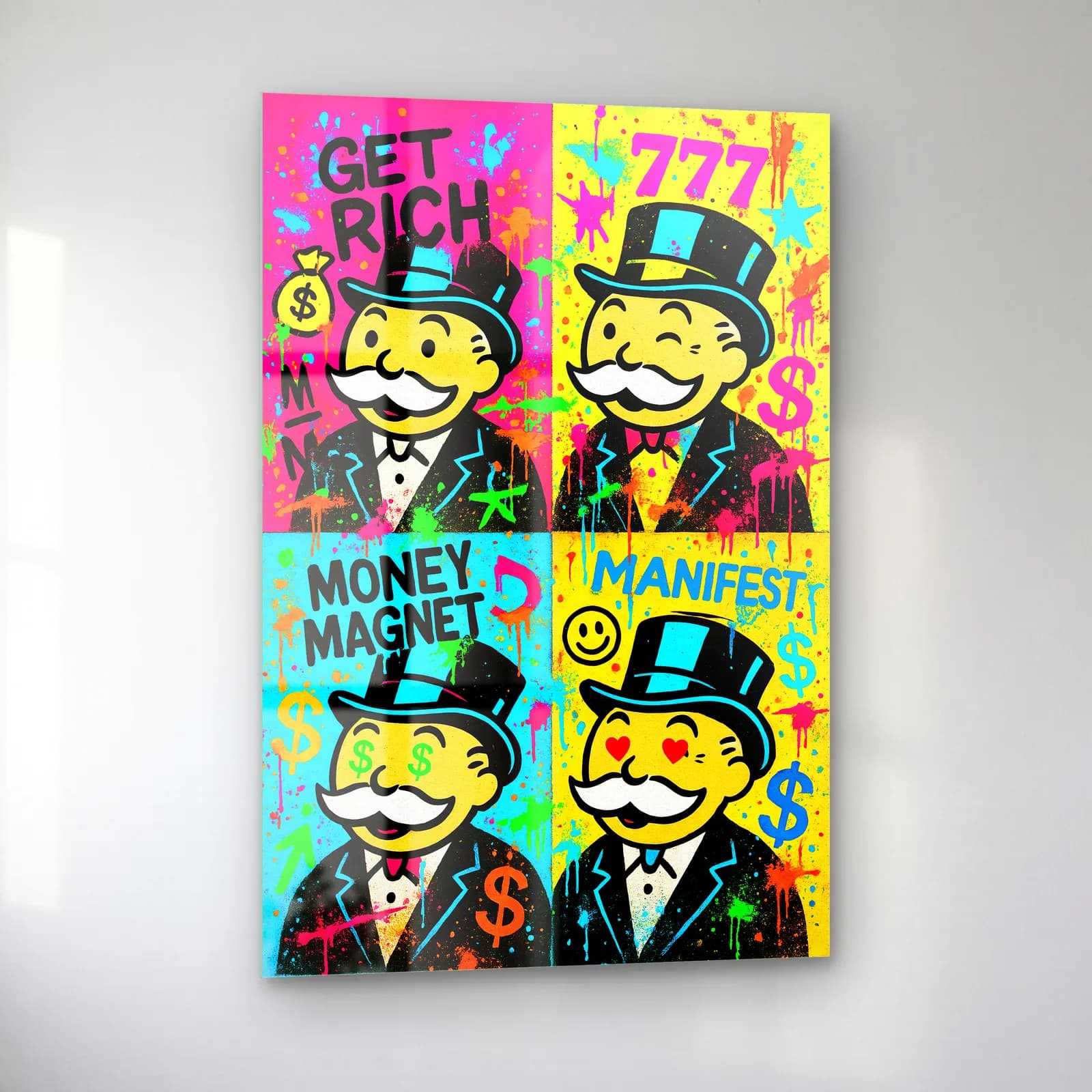 Dörtlü Pop Art Monopoly cam tablo — sol açıdan görünüm