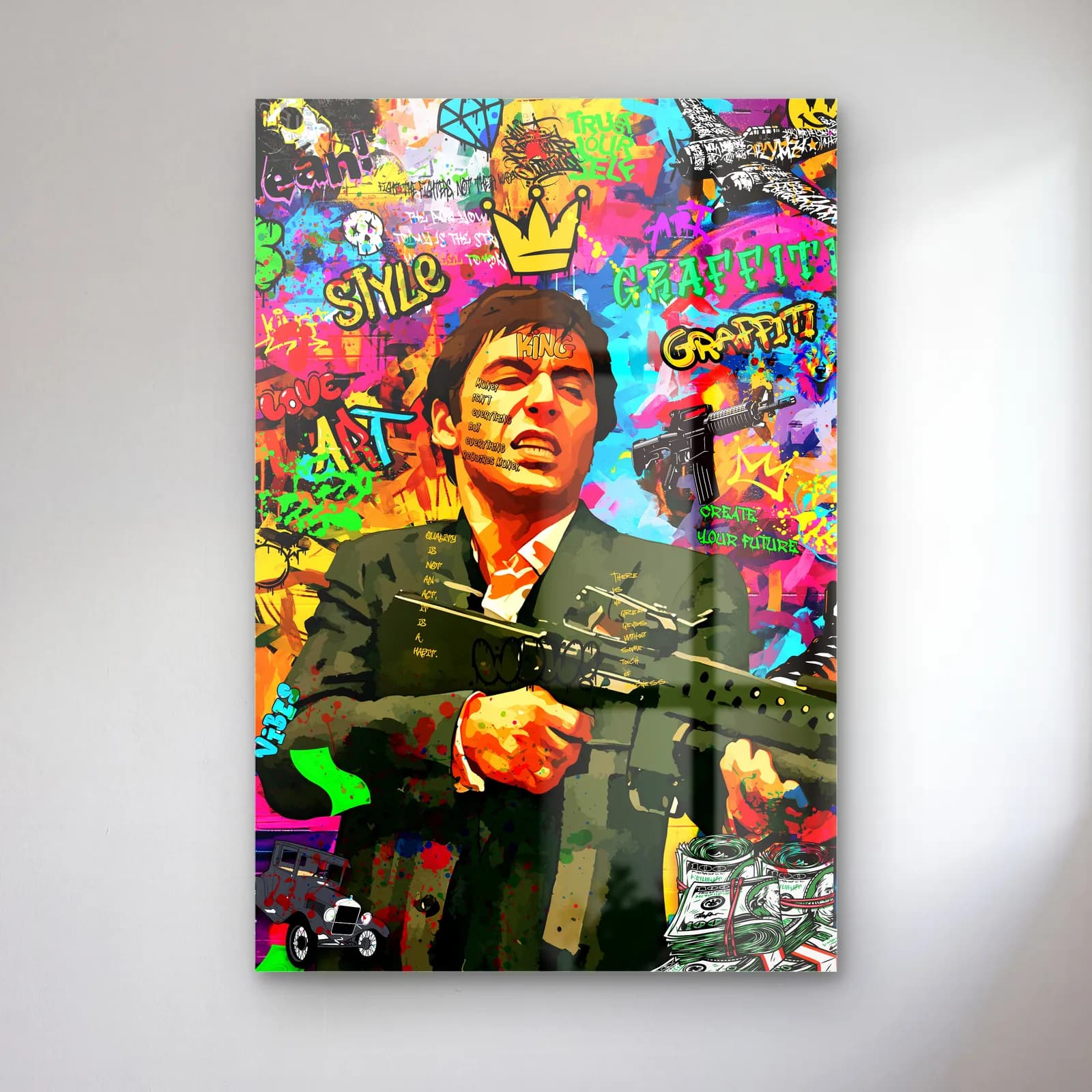 Grafiti Scarface Tony Montana cam tablo — Grafiti kolaj zeminde elinde silahla Tony Montana